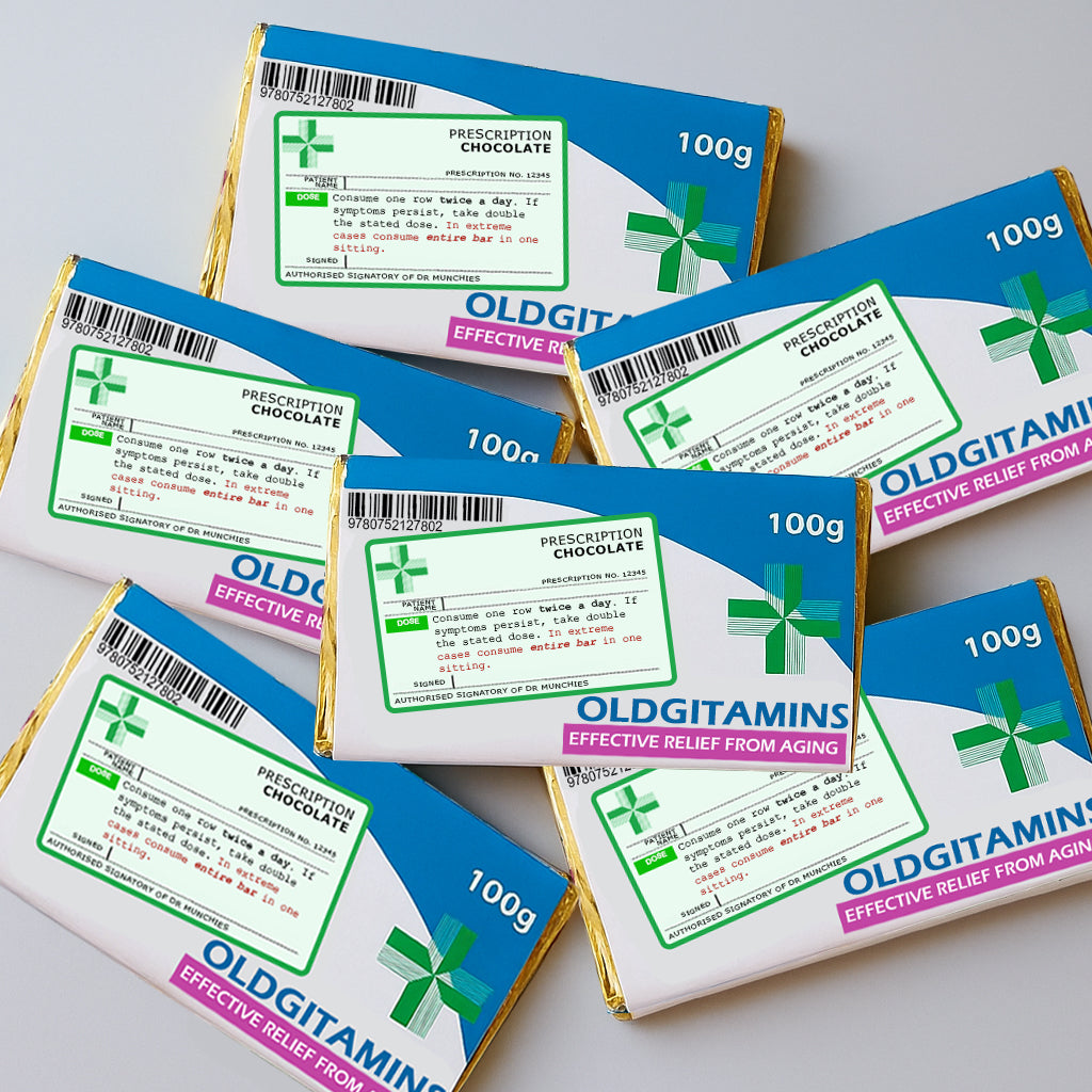 Funny Oldgitamins Prescription Chocolate Bar Wrapper x 6 (Chocolates not included) - Get Well Soon Gifts, Birthday Teacher, Funny Gifts