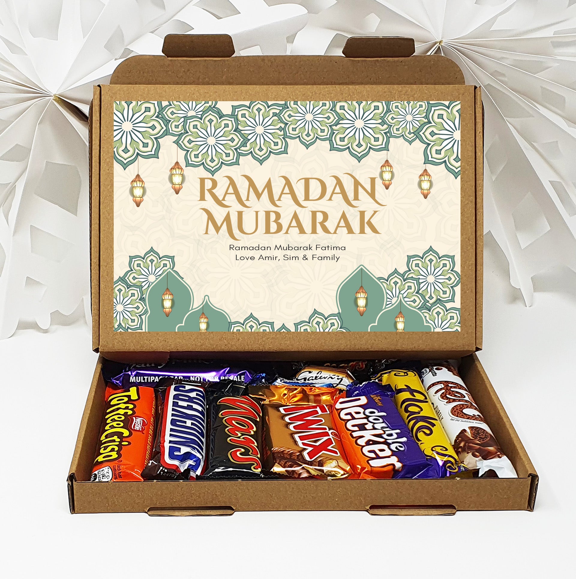 Personalised Eid / Ramadan Mubarak Eid Sweets Hug in a box, Letterbox gift Afternoon tea, hamper gift - Teal Design