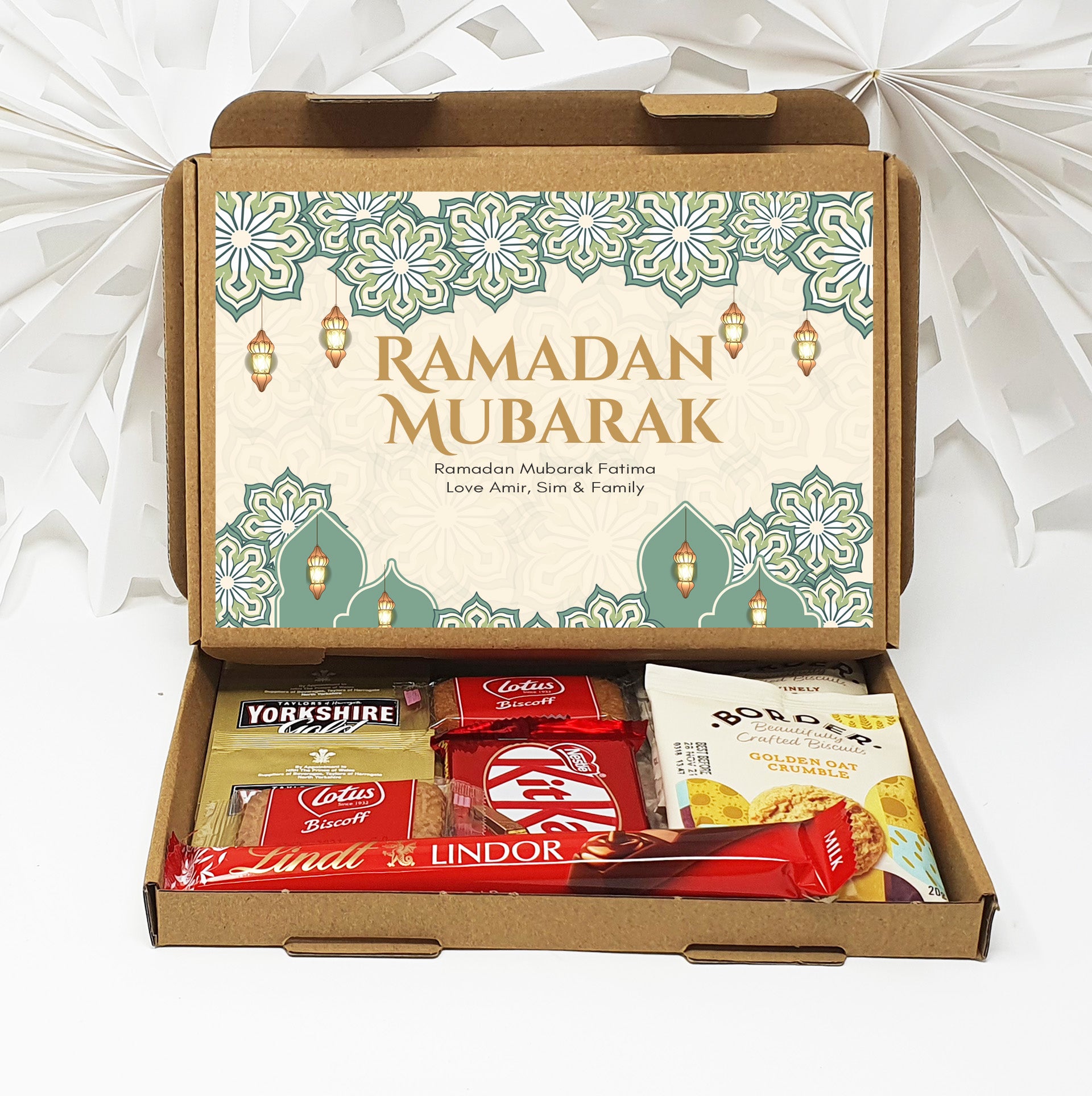Personalised Eid / Ramadan Mubarak Eid Sweets Hug in a box, Letterbox gift Afternoon tea, hamper gift - Teal Design
