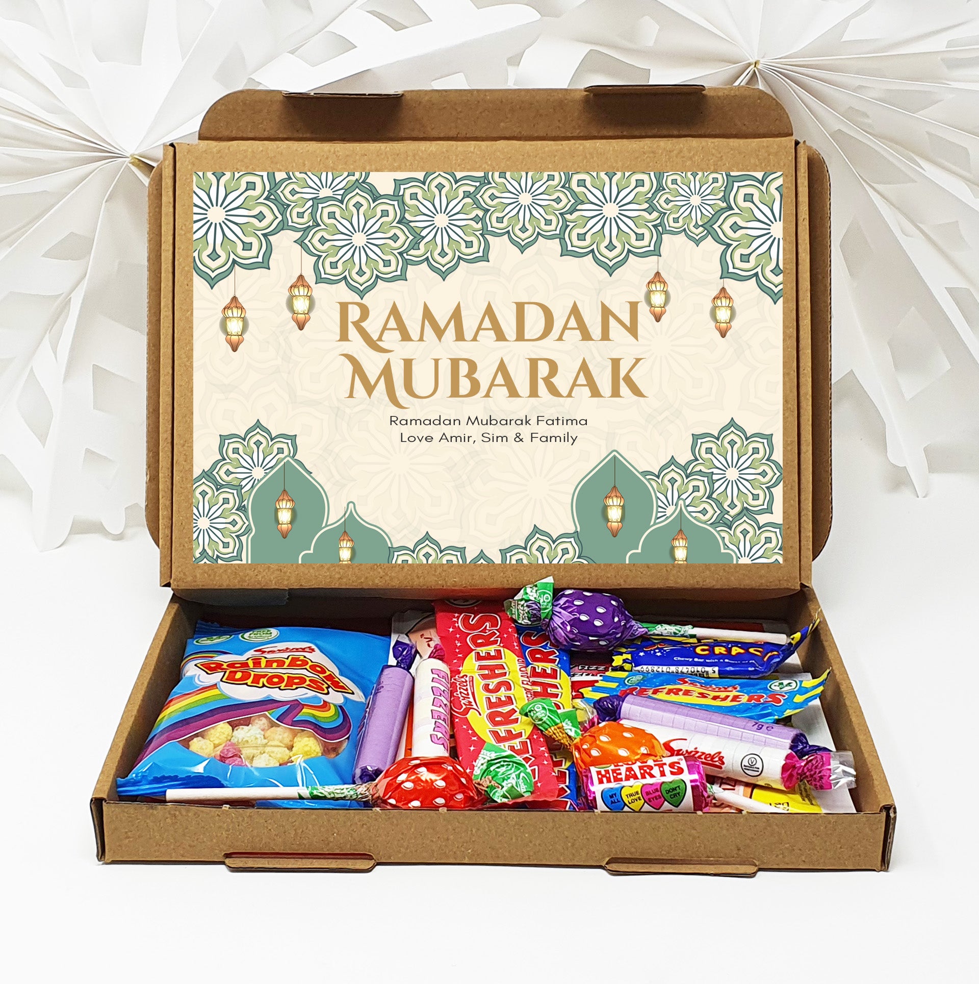 Personalised Eid / Ramadan Mubarak Eid Sweets Hug in a box, Letterbox gift Afternoon tea, hamper gift - Teal Design