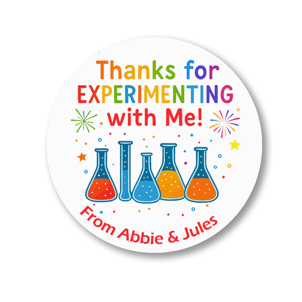 Personalised Science Party Birthday Stickers – Thank You Labels for Sw