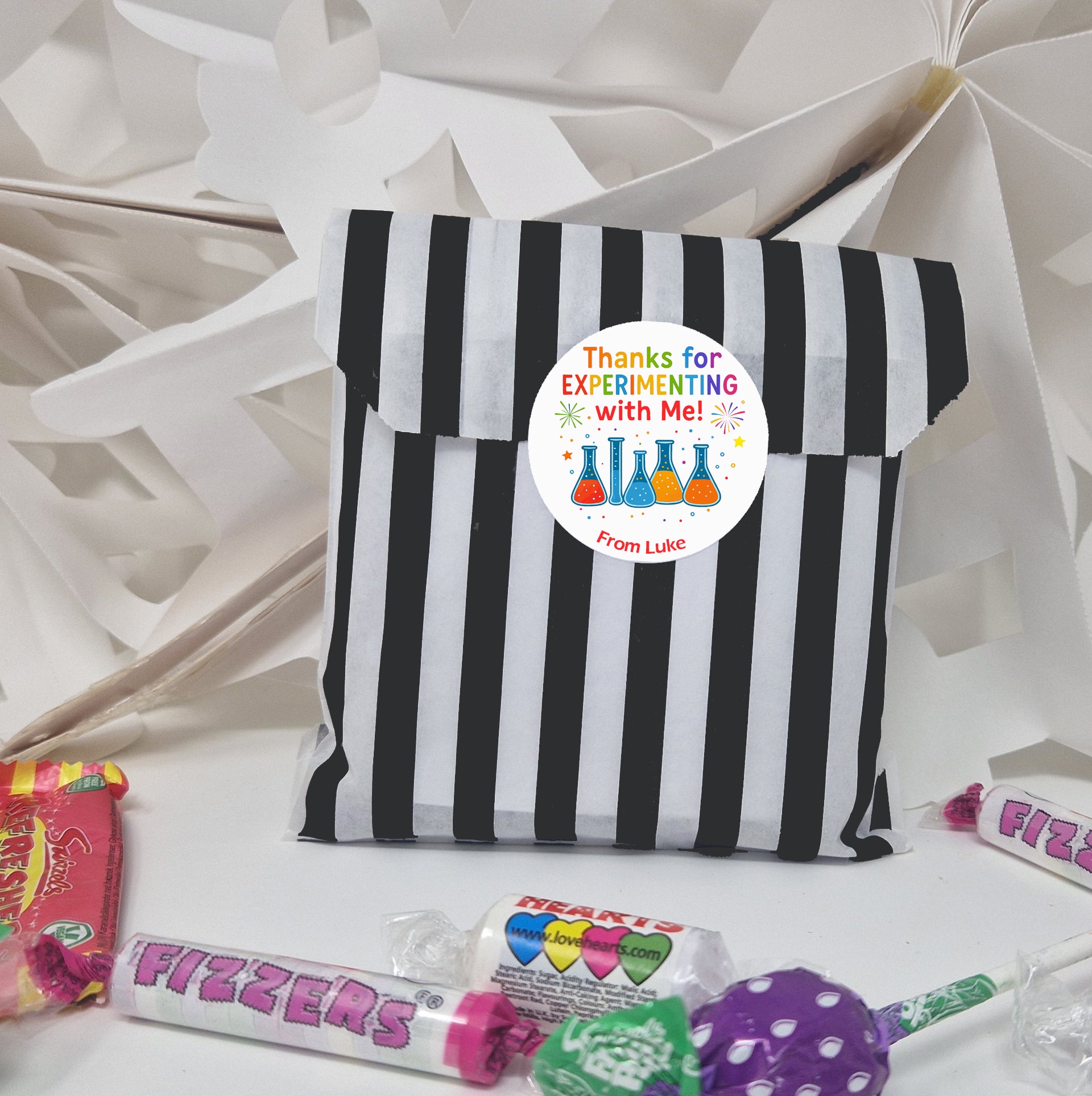 Personalised Science Party Birthday Stickers – Thank You Labels for Sweet Cones, Party Bags & Favours