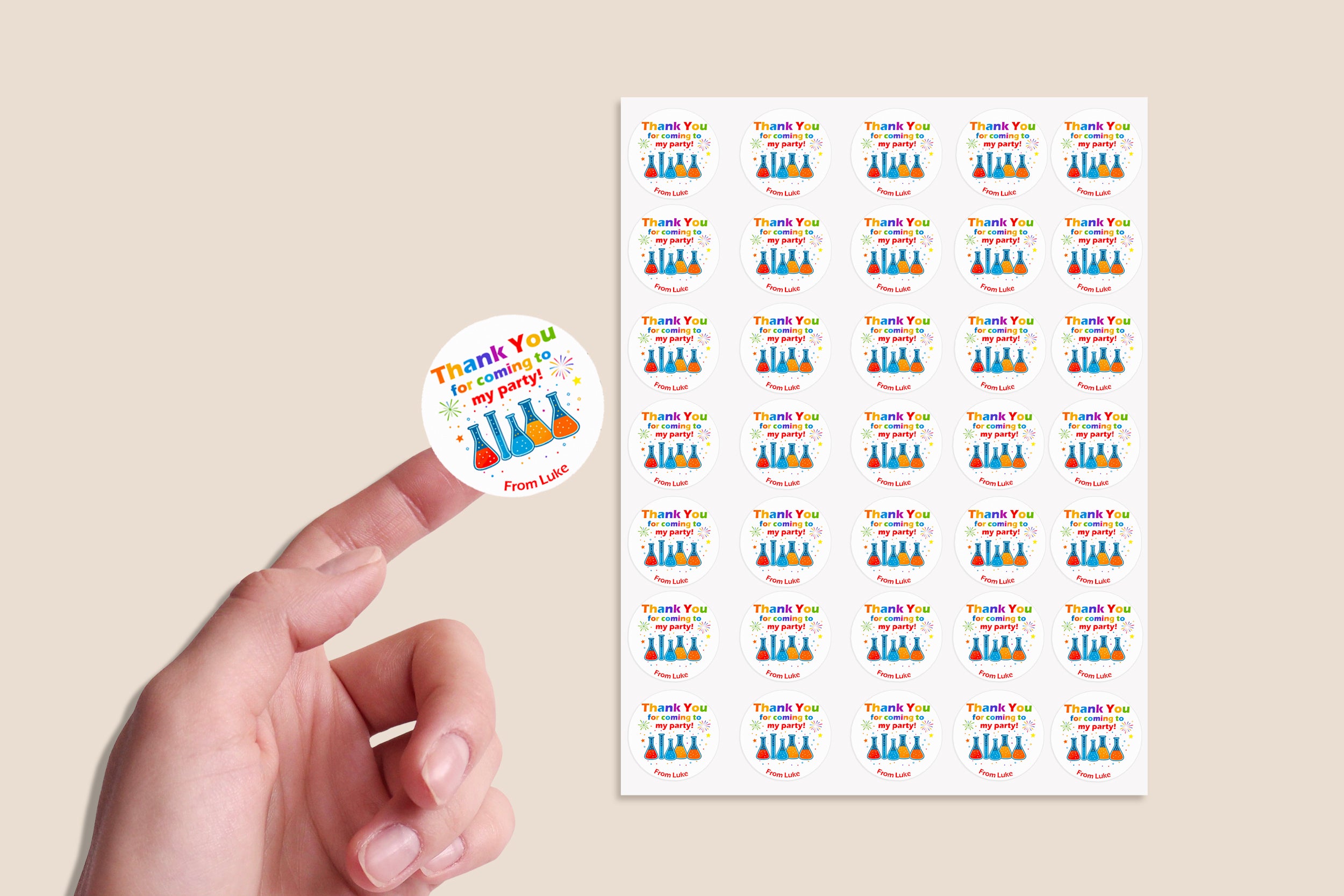 Personalised Science Party Birthday Stickers – Thank You Labels for Sweet Cones, Party Bags & Favours