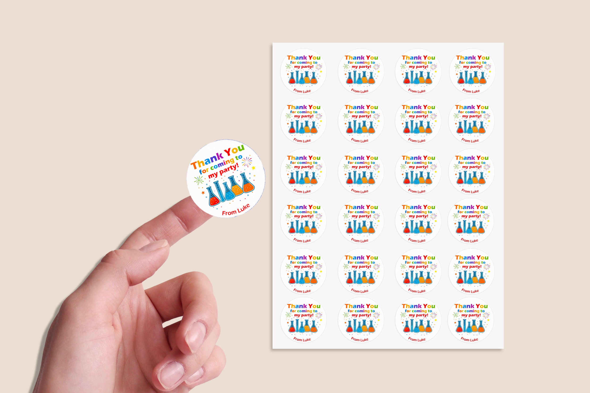 Personalised Science Party Birthday Stickers – Thank You Labels for Sweet Cones, Party Bags & Favours