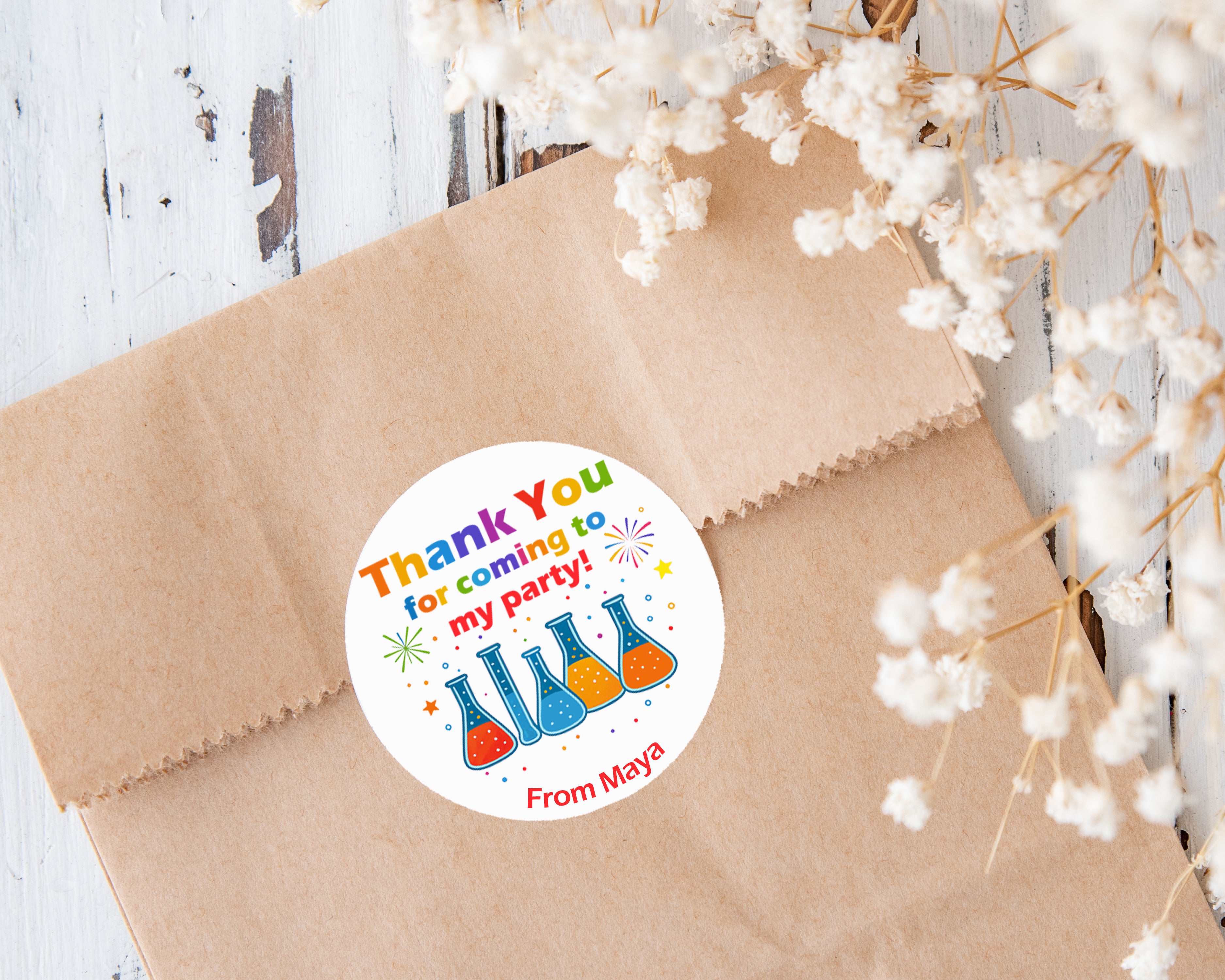 Personalised Science Party Birthday Stickers – Thank You Labels for Sweet Cones, Party Bags & Favours