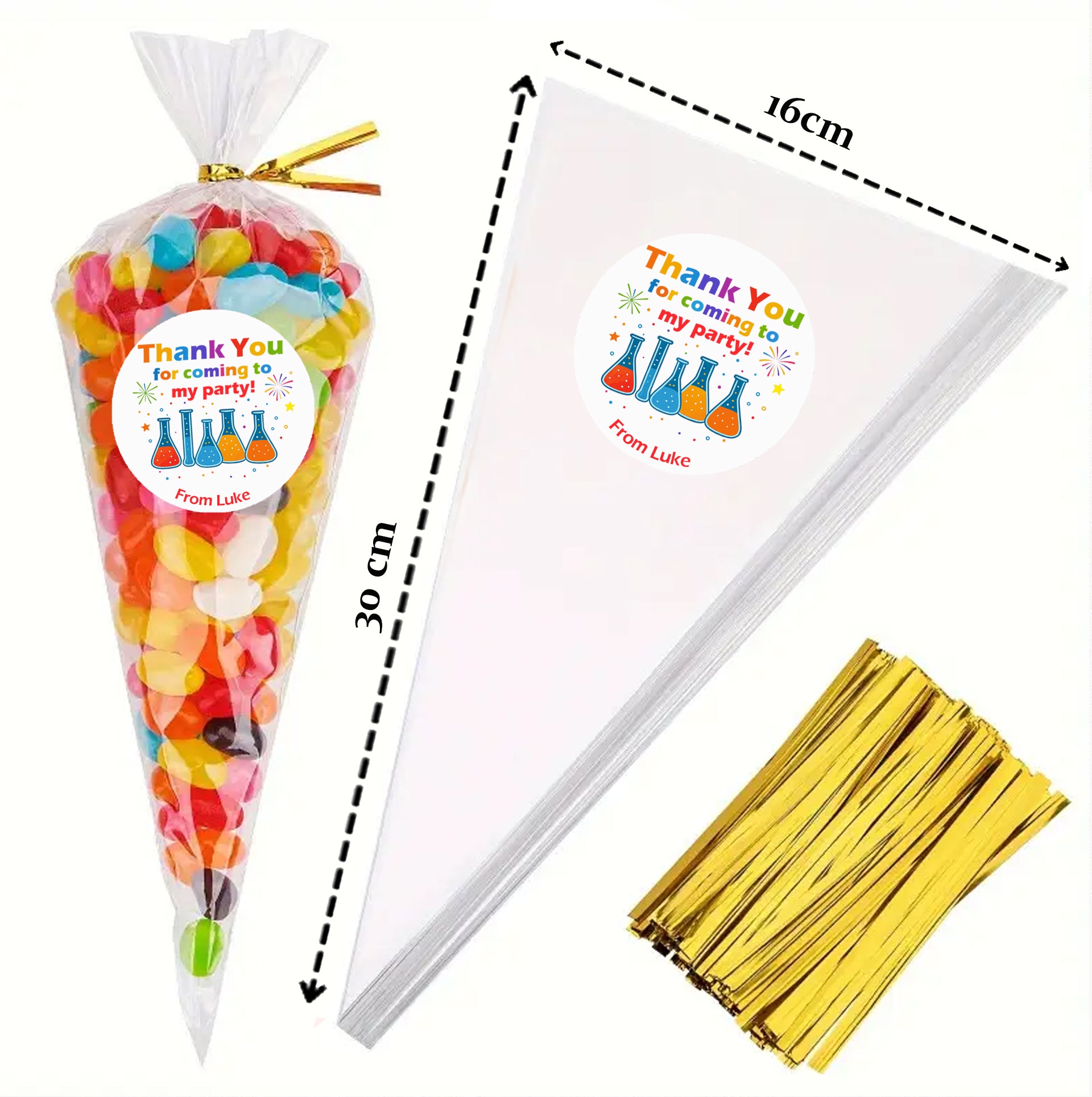 Personalised Science Party Birthday Stickers – Thank You Labels for Sweet Cones, Party Bags & Favours