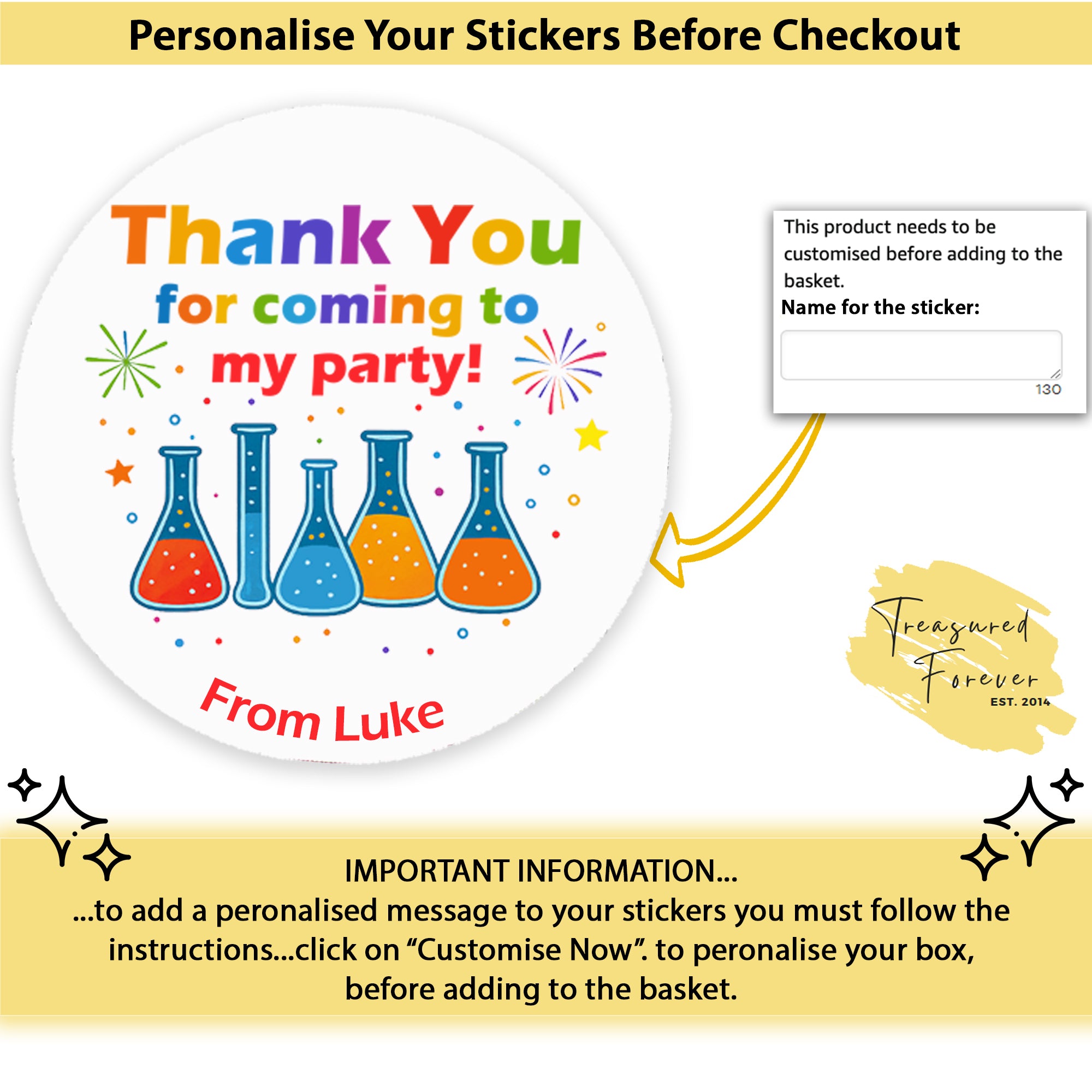 Personalised Science Party Birthday Stickers – Thank You Labels for Sweet Cones, Party Bags & Favours