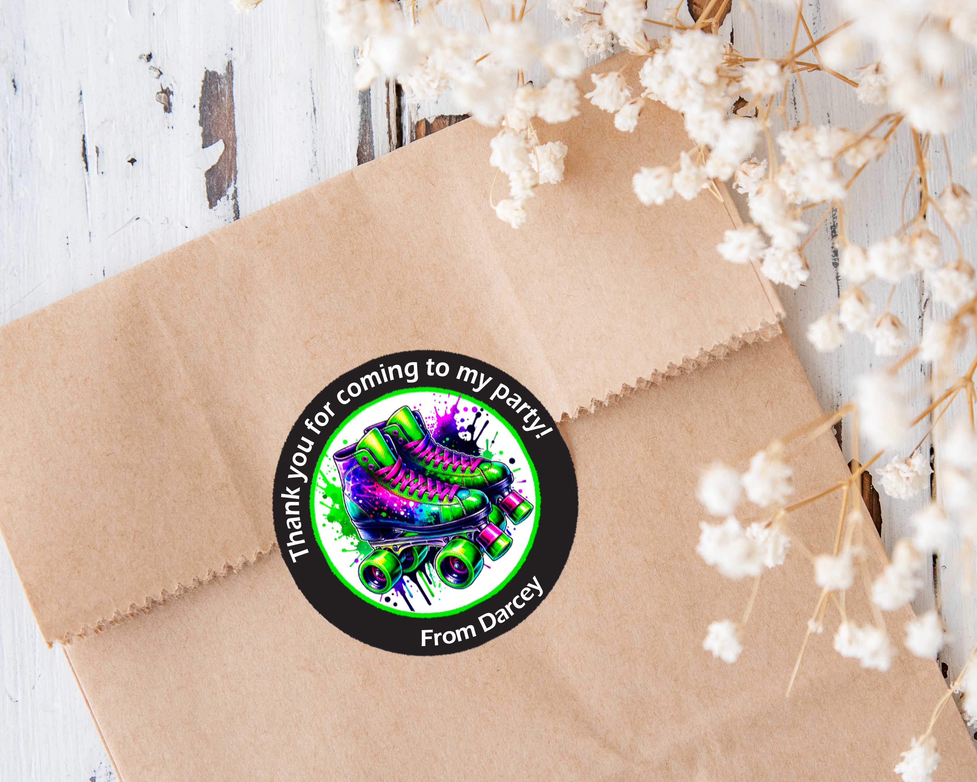 Personalised Roller Skating Party Stickers – Thank You Labels for Sweet Cones & Favour Bags