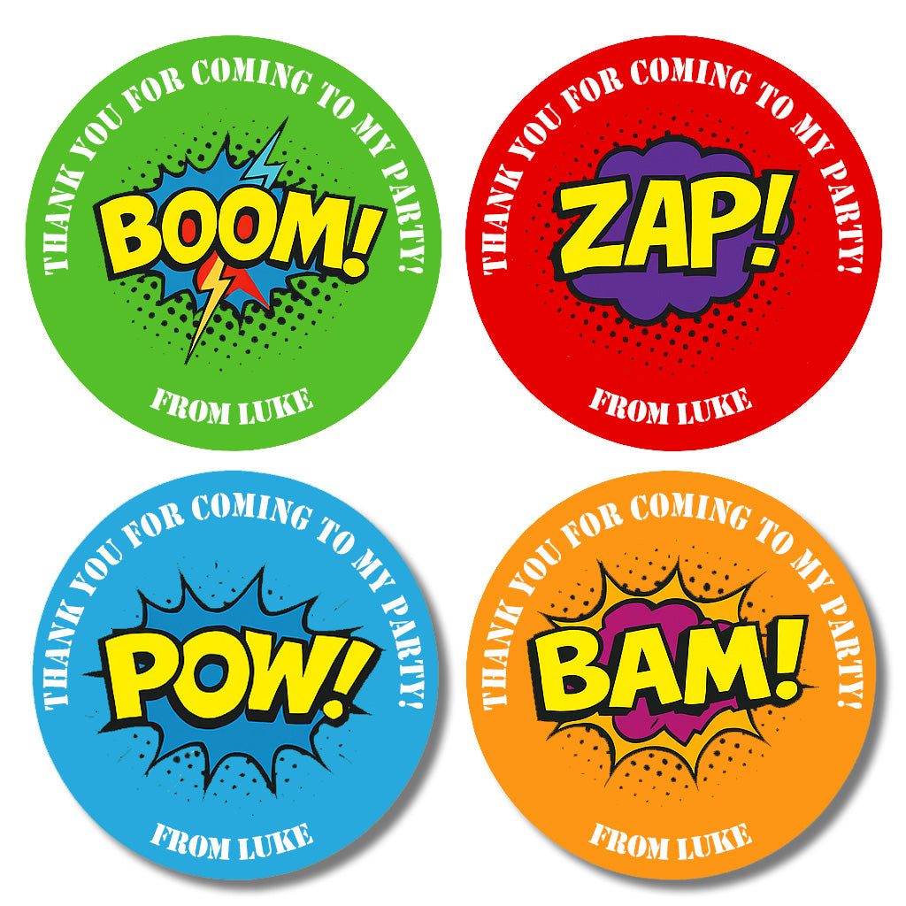 Personalised Super hero Birthday Stickers For Party Thank You Sweet Cone Bags Pow Boom