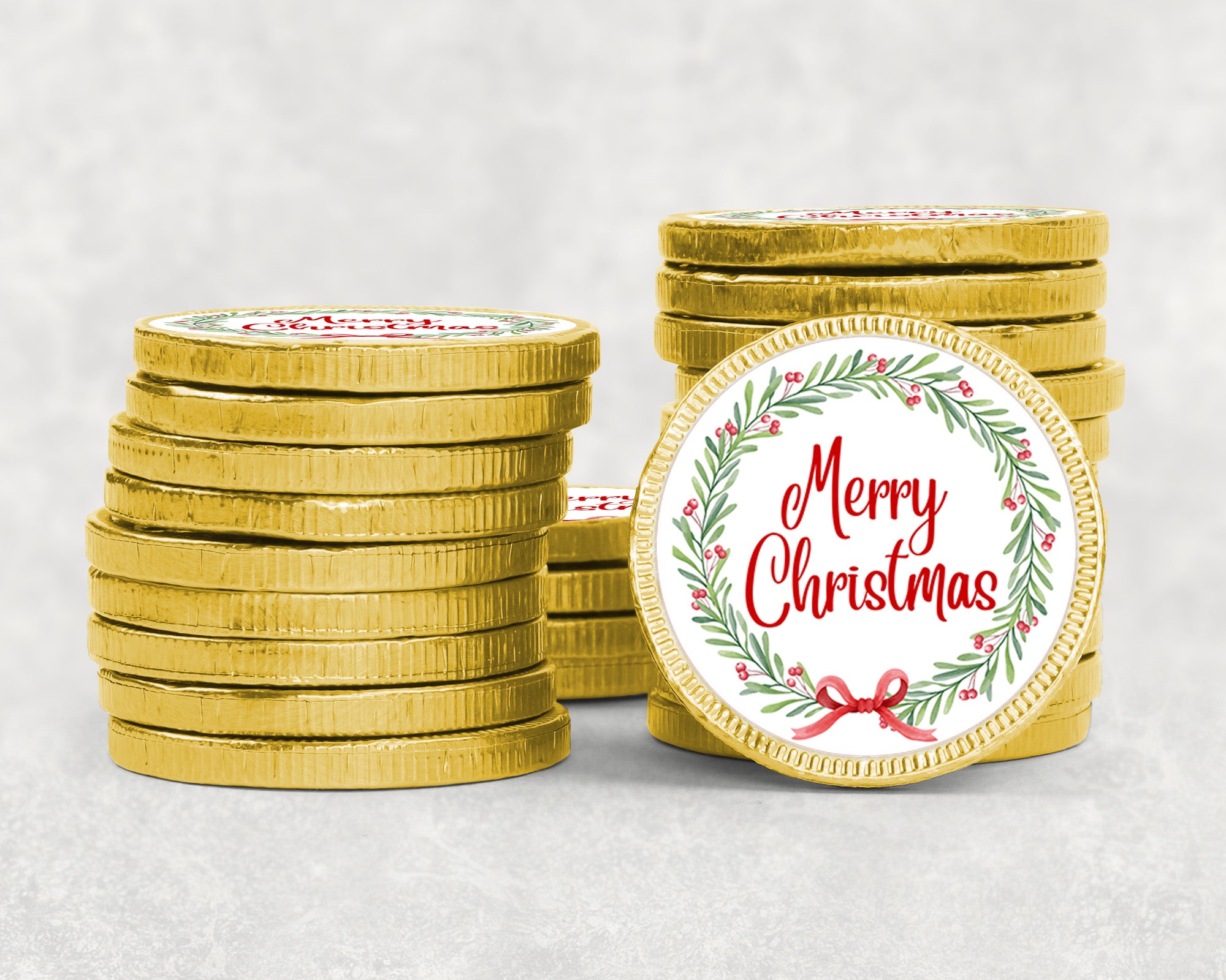 Merry Christmas Chocolate Coins & Sticker Party Favors Kids Party Bag Fillers Festive Holiday Treats Bulk Option Santa gifts Stocking Wreath