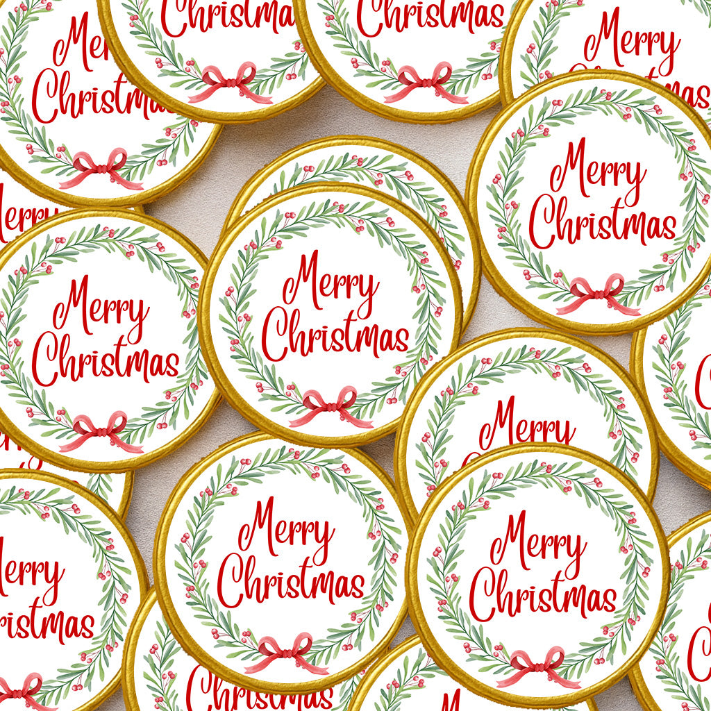 Merry Christmas Chocolate Coins & Sticker Party Favors Kids Party Bag Fillers Festive Holiday Treats Bulk Option Santa gifts Stocking Wreath
