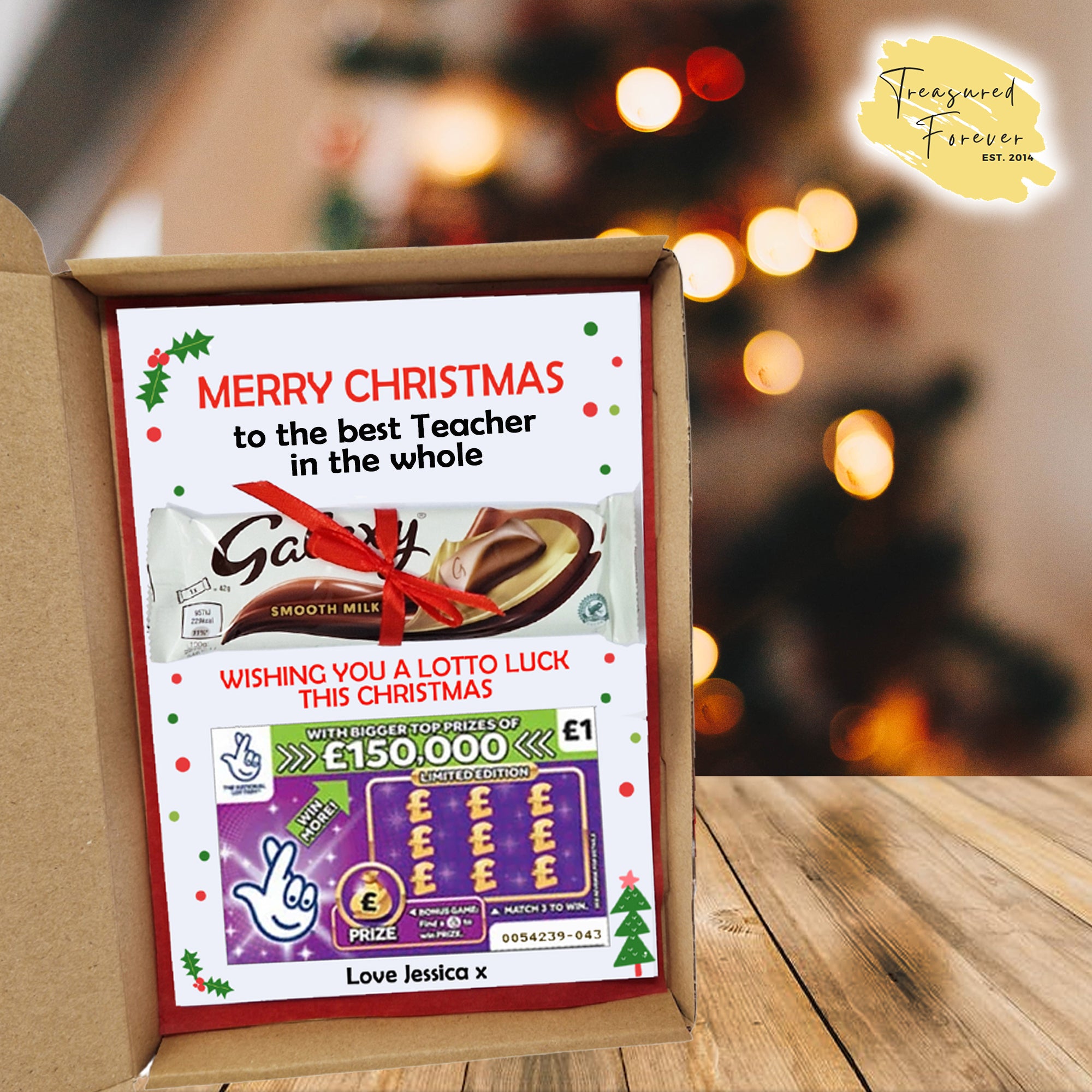 Personalised Teacher TA Teaching Assistant Christmas Card Gift Box – Galaxy Chocolate & Lotto Lottery Scratchcard Unique gift