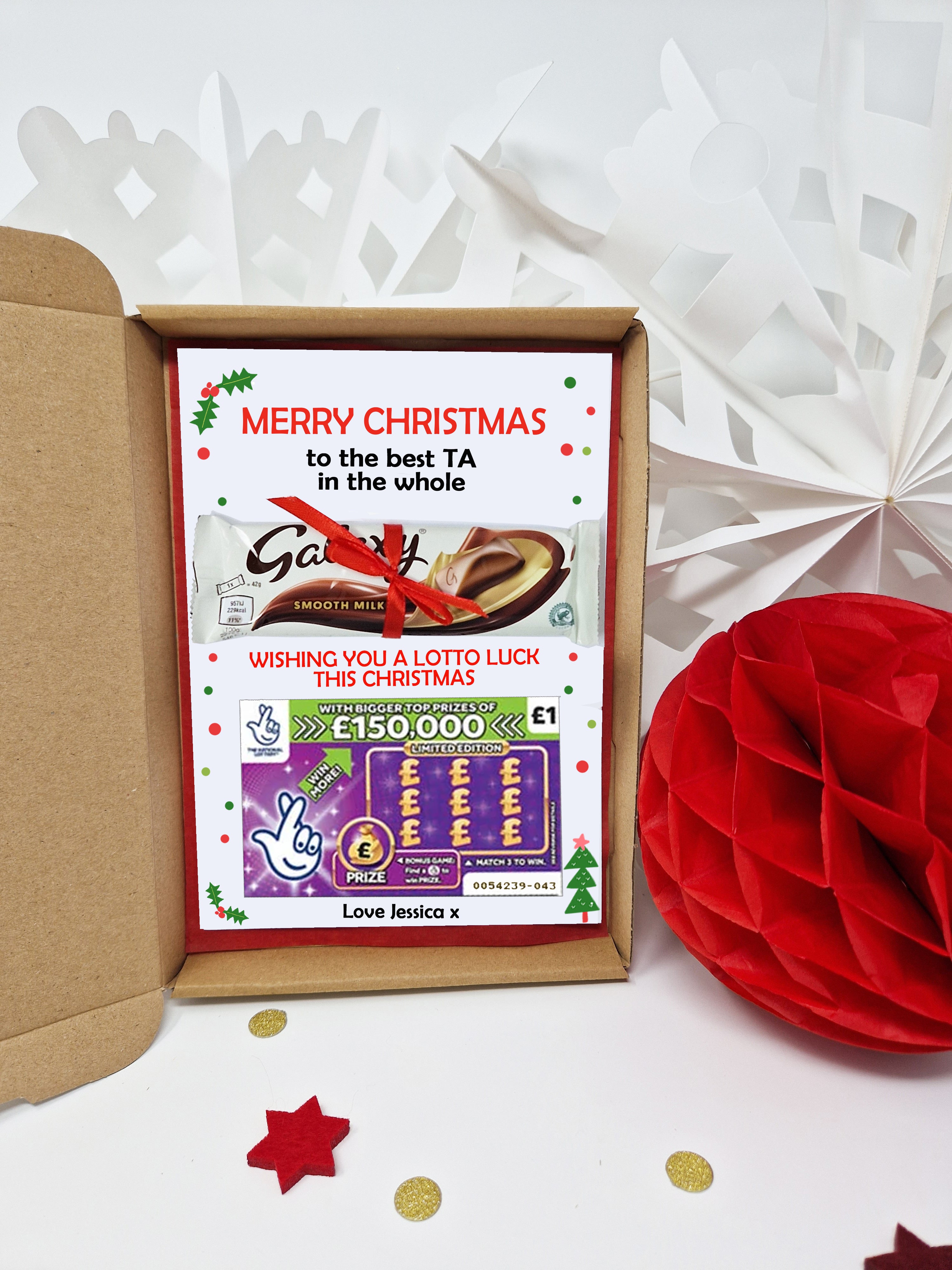 Personalised Teacher TA Teaching Assistant Christmas Card Gift Box – Galaxy Chocolate & Lotto Lottery Scratchcard Unique gift