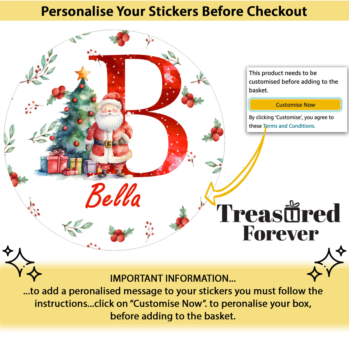 24 Personalised Christmas Initial Stickers, Christmas Gift Labels, Tag Labels