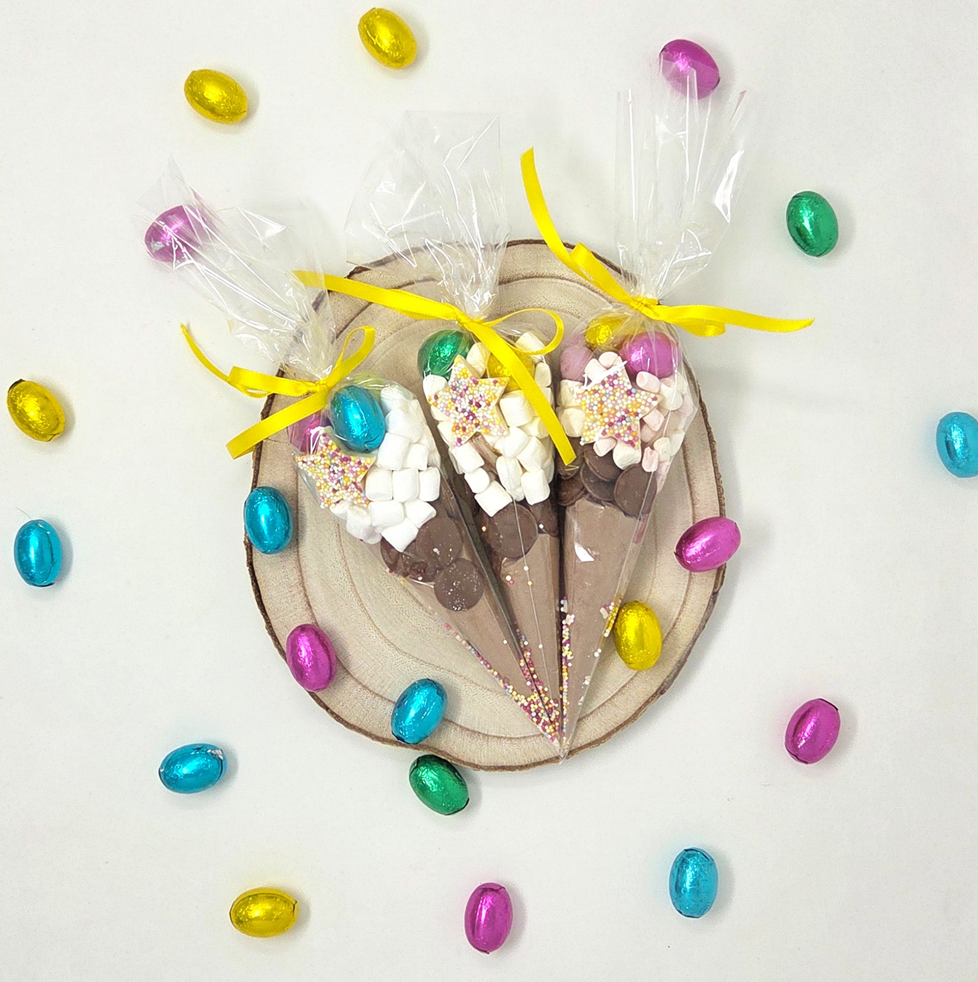 Easter Hot Chocolate Cone with Mini Eggs & Marshmallows | Easter Basket Filler | Easter Treat Gift | Kids Easter Party Favor | Yellow Ribbon