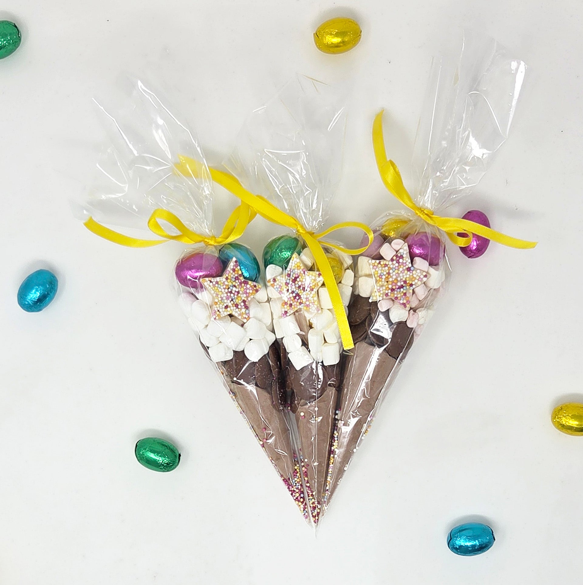 Easter Hot Chocolate Cone with Mini Eggs & Marshmallows | Easter Basket Filler | Easter Treat Gift | Kids Easter Party Favor | Yellow Ribbon