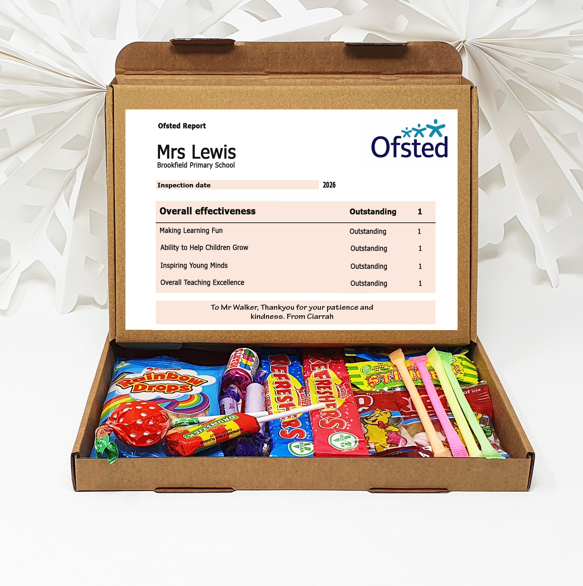 Personalised Teacher Thank You Gift Box – Ofsted-Style Report  Hug in a box, Letterbox gift Afternoon tea, hamper gift, thank you chocolates and other options