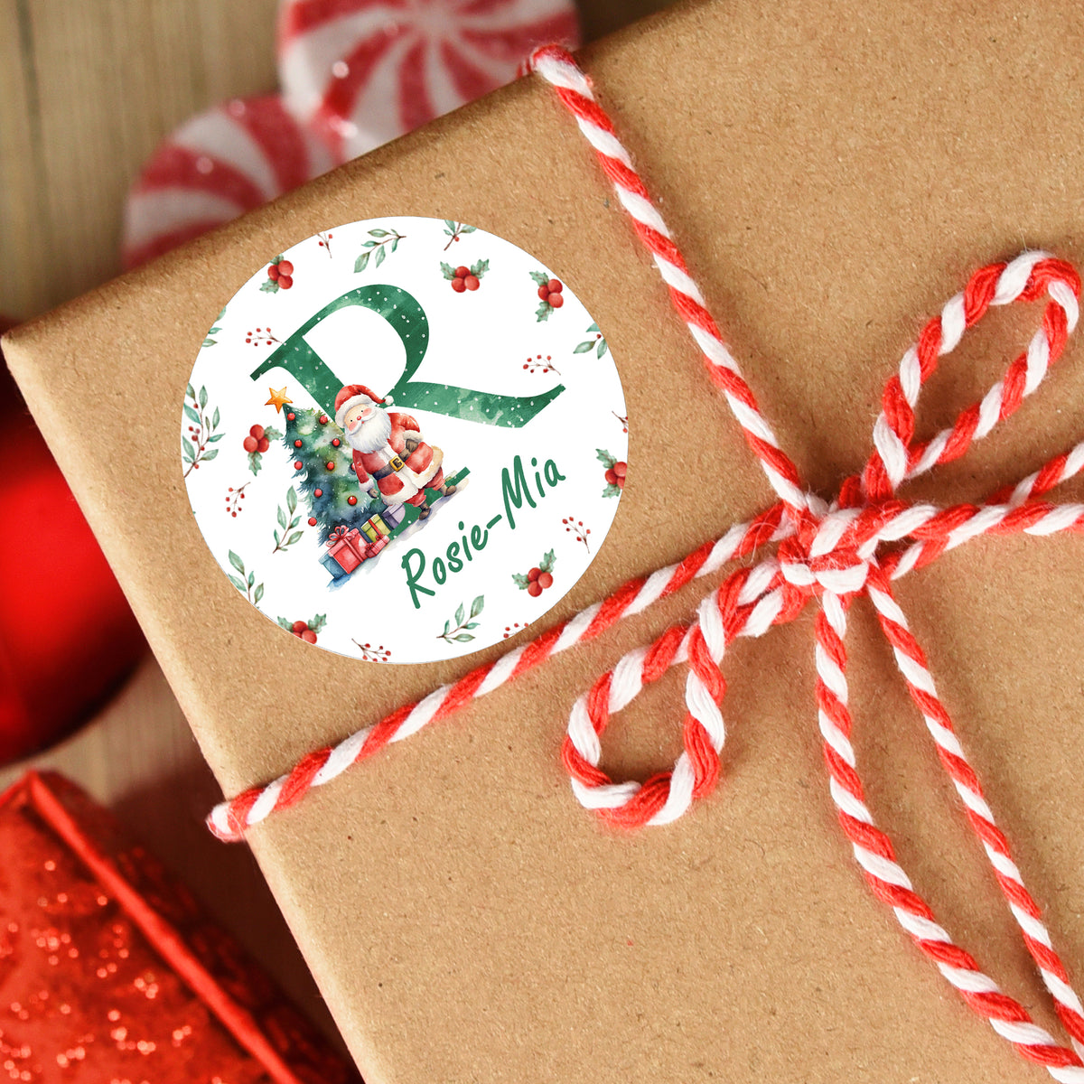 24 Personalised Christmas Initial Stickers, Christmas Gift Labels, Tag Labels