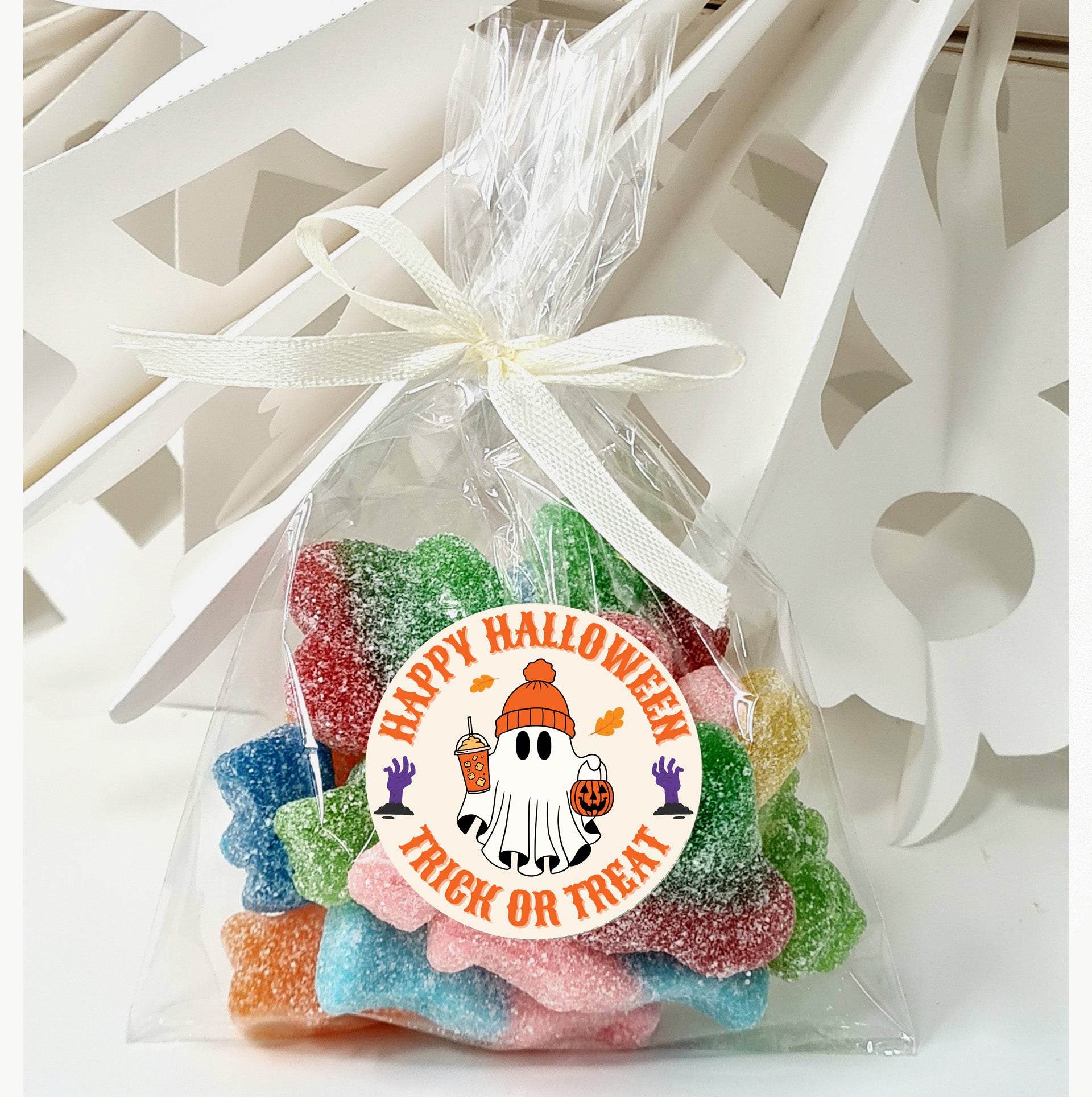 Halloween Party Sweet Bags | Vegan Halal Favour Bags with Personalised Stickers | Corporate & Trade Show Giveaways Trick or Treat Sweets