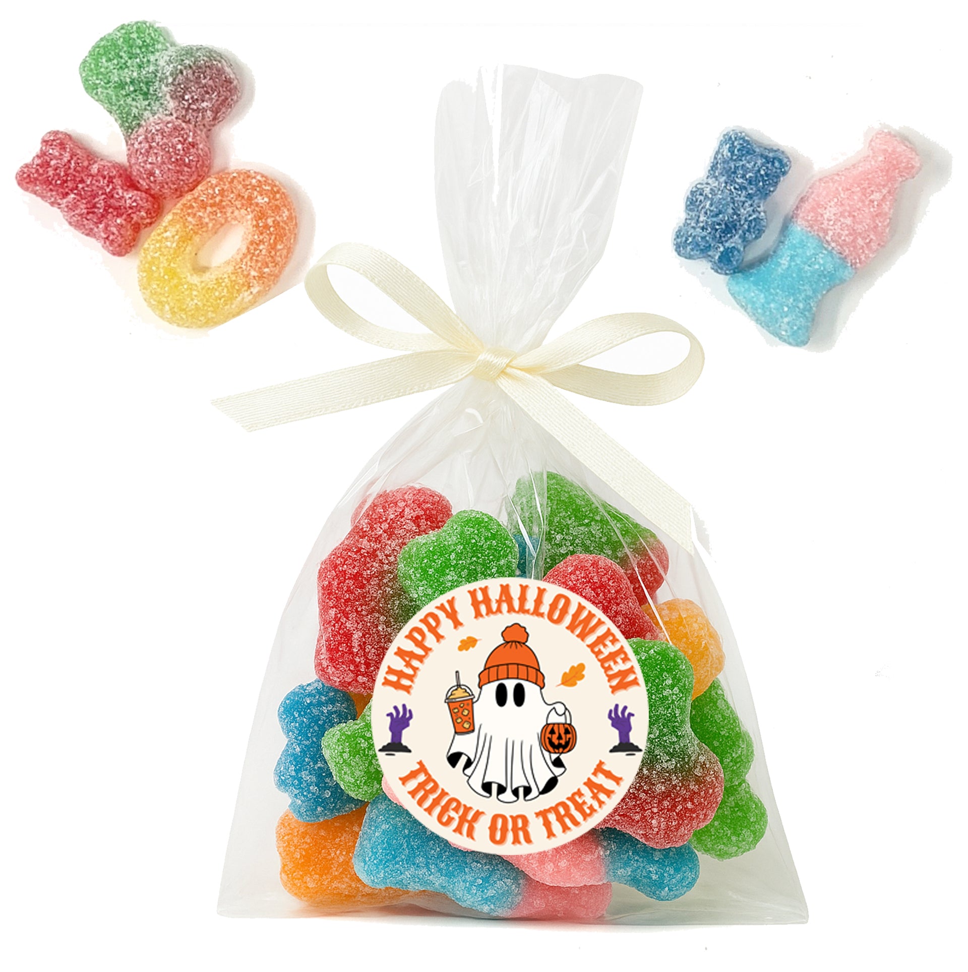 Halloween Party Sweet Bags | Vegan Halal Favour Bags with Personalised Stickers | Corporate & Trade Show Giveaways Trick or Treat Sweets