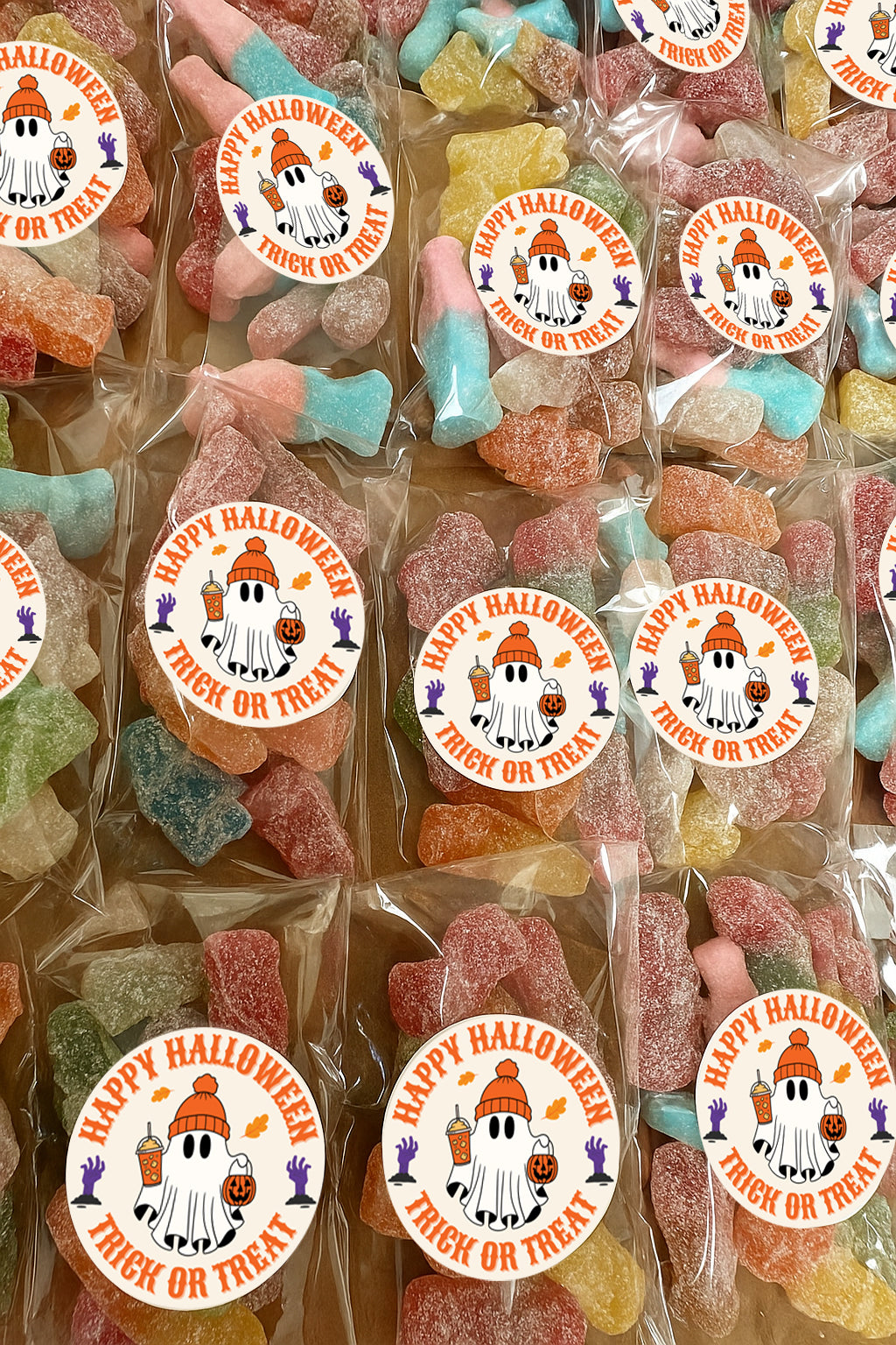 Halloween Party Sweet Bags | Vegan Halal Favour Bags with Personalised Stickers | Corporate & Trade Show Giveaways Trick or Treat Sweets