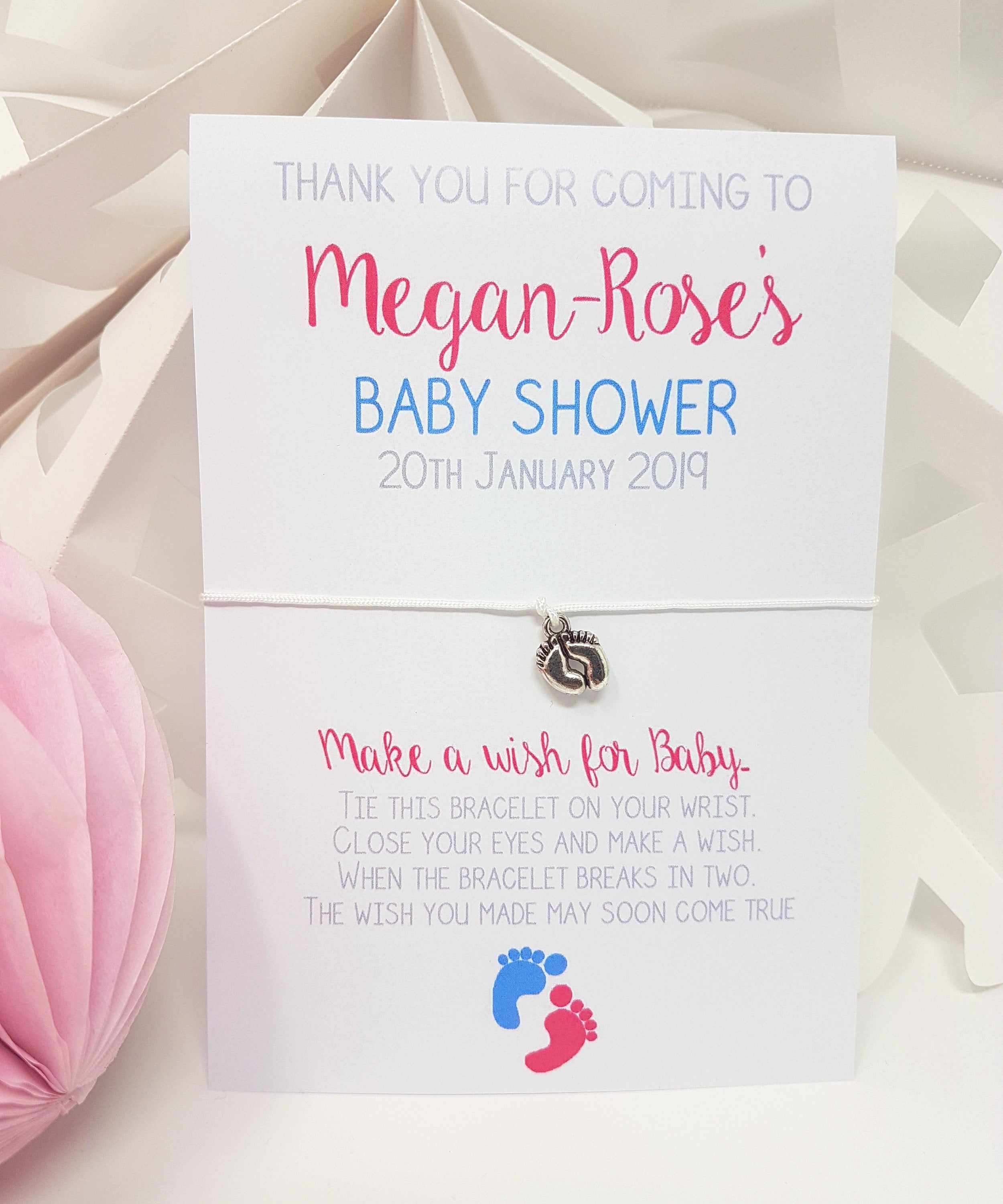 Wishing Bracelet Baby Shower Favour Thank You Personalised Girl/Boy/Unisex