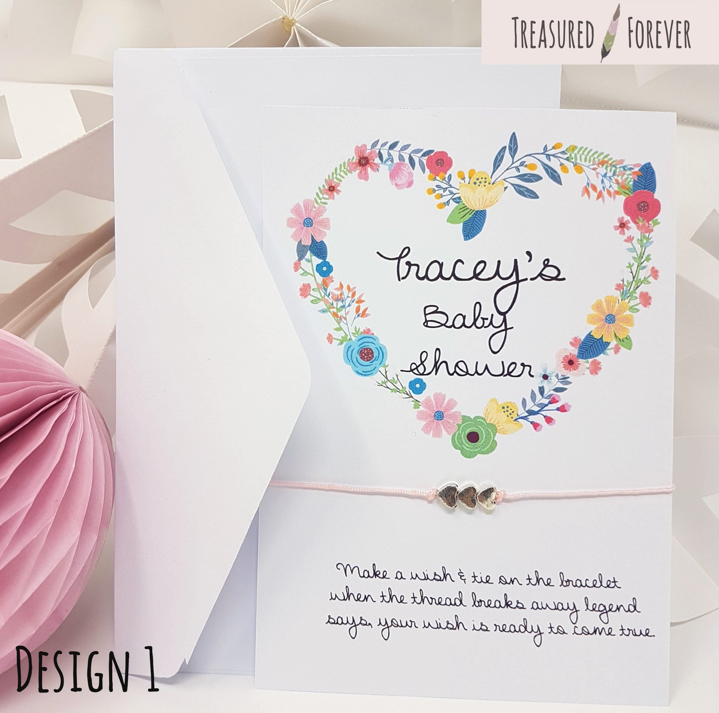 Wishing Bracelet Baby Shower Favour Floral Thank You Personalised Girl/Boy/Unisex