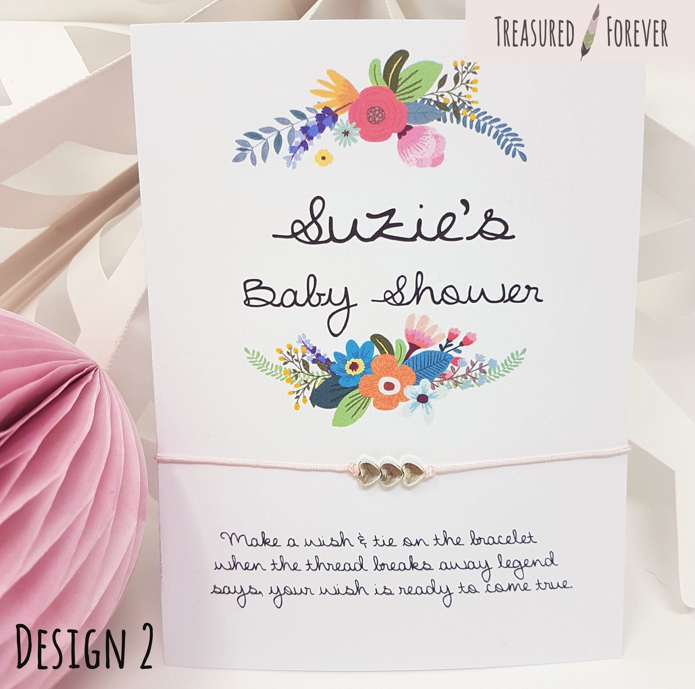 Wishing Bracelet Baby Shower Favour Floral Thank You Personalised Girl/Boy/Unisex