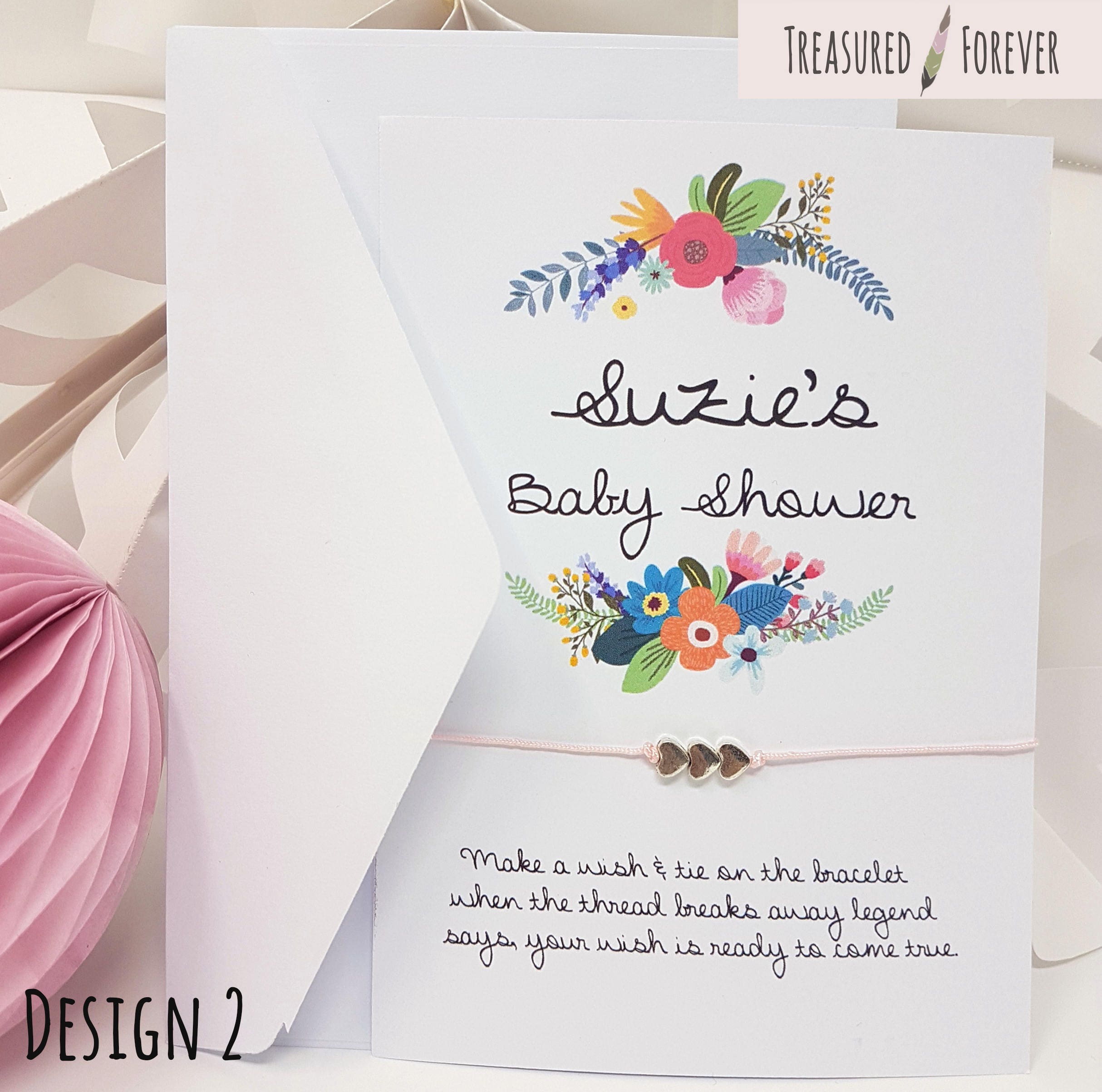 Wishing Bracelet Baby Shower Favour Floral Thank You Personalised Girl/Boy/Unisex