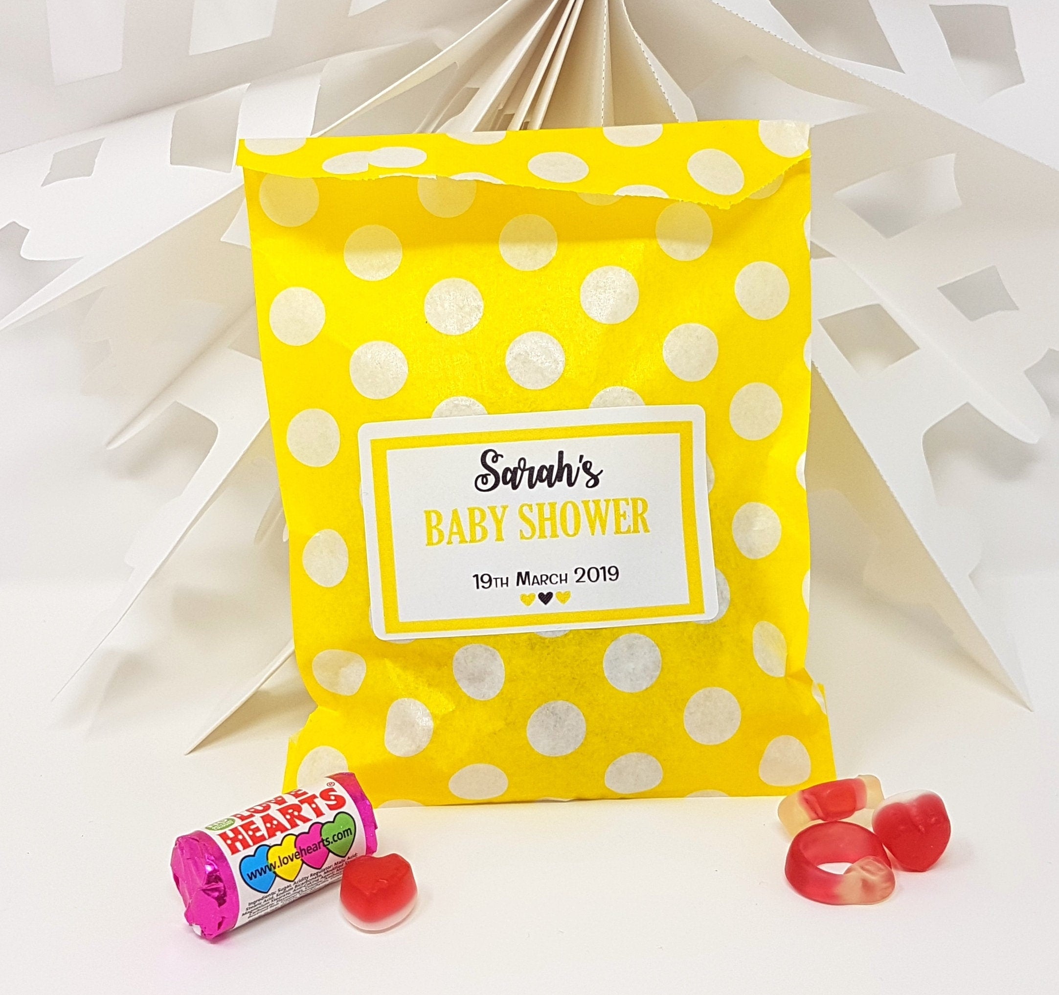 Personalised Wedding Favour Sweet Bags Sticker Birthday Candy Cart Striped Polka Dots