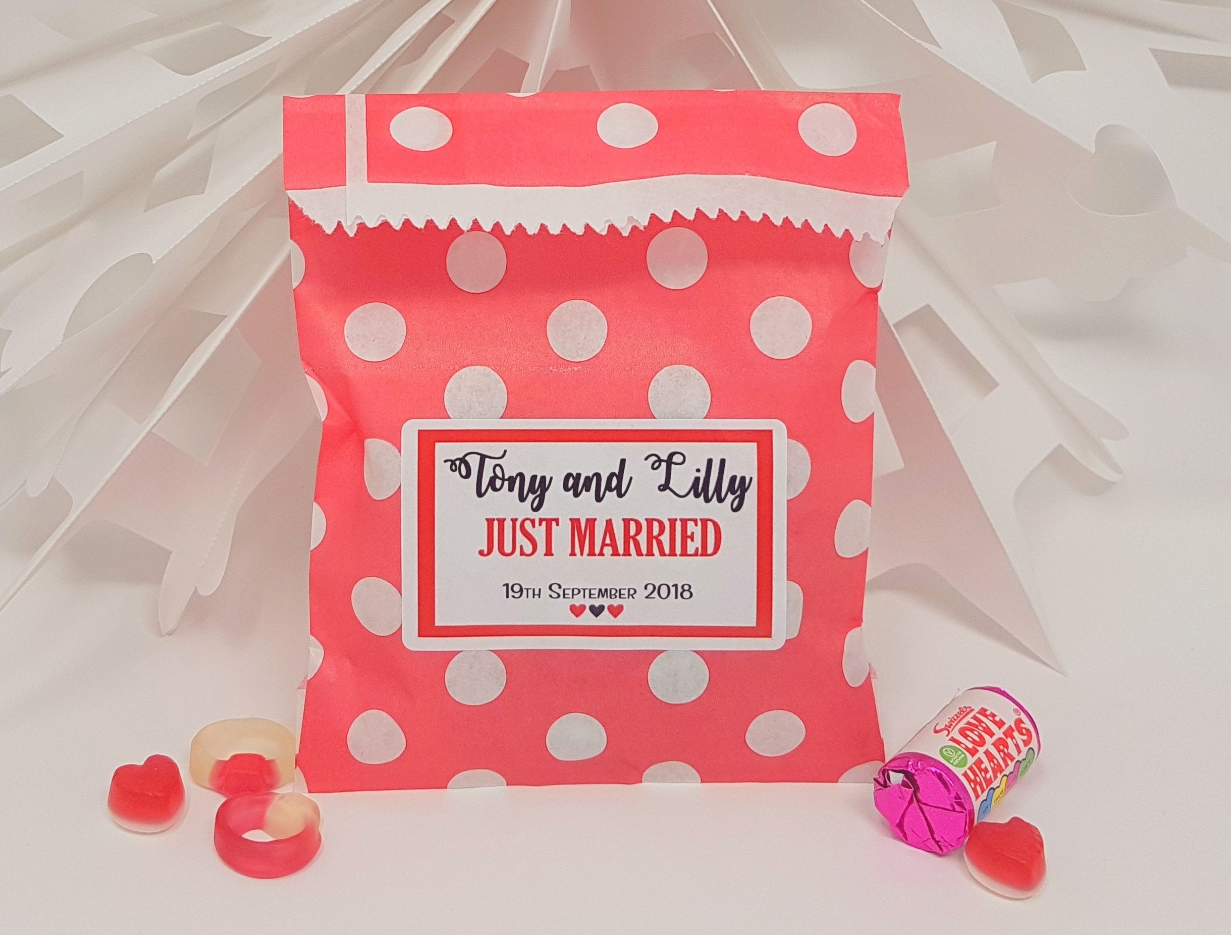 Personalised Wedding Favour Sweet Bags Sticker Birthday Candy Cart Striped Polka Dots