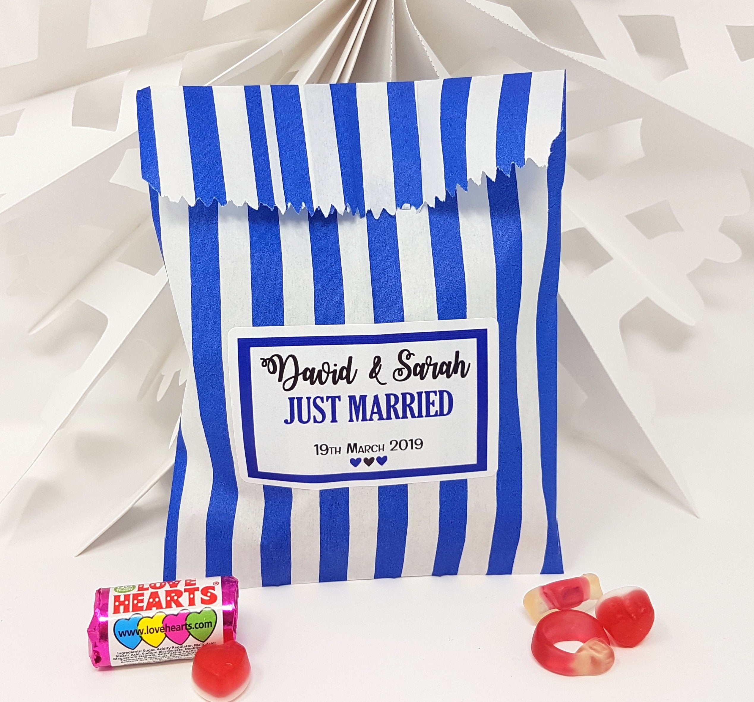 Personalised Wedding Favour Sweet Bags Sticker Birthday Candy Cart Striped Polka Dots