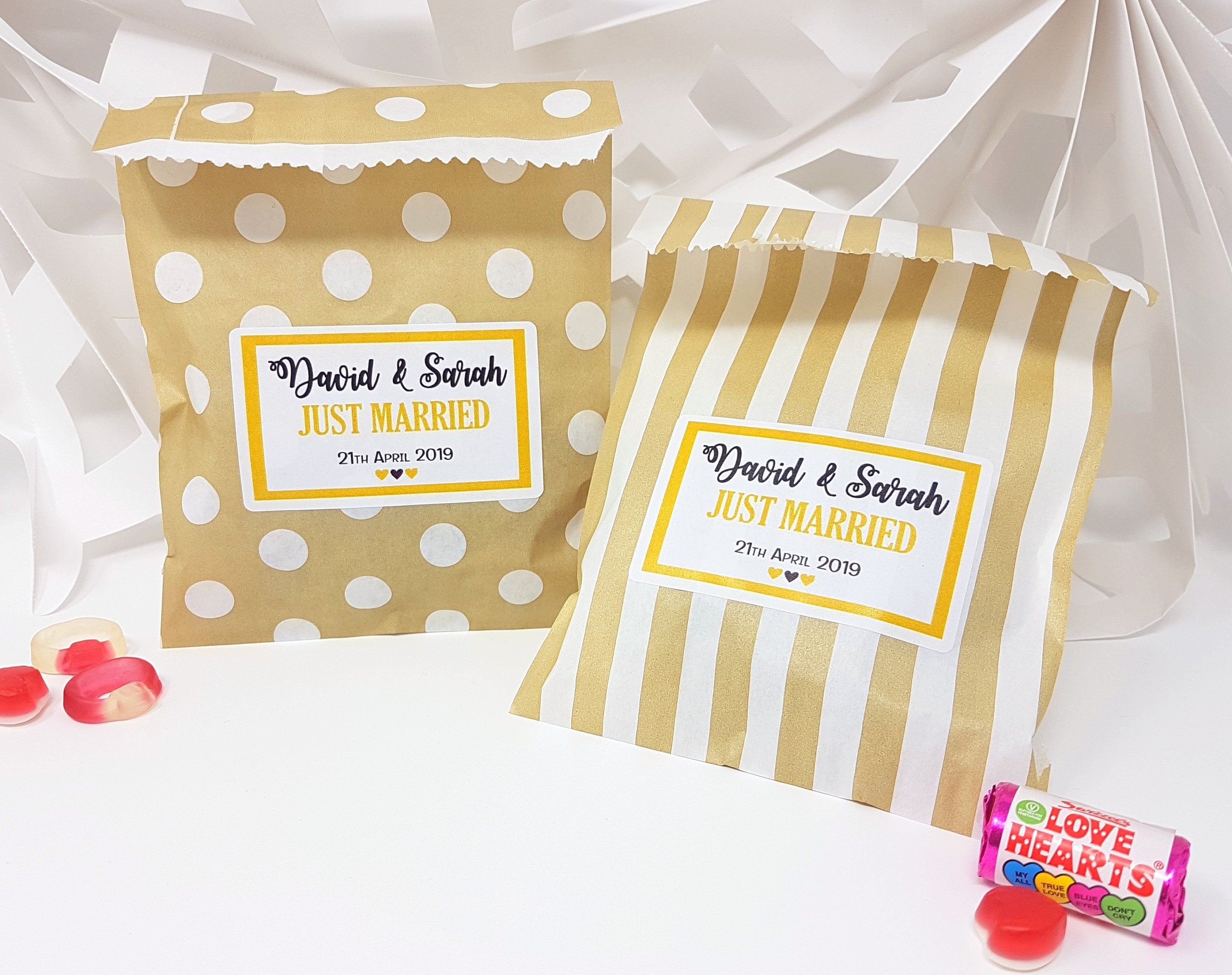 Personalised Wedding Favour Sweet Bags Sticker Birthday Candy Cart Striped Polka Dots