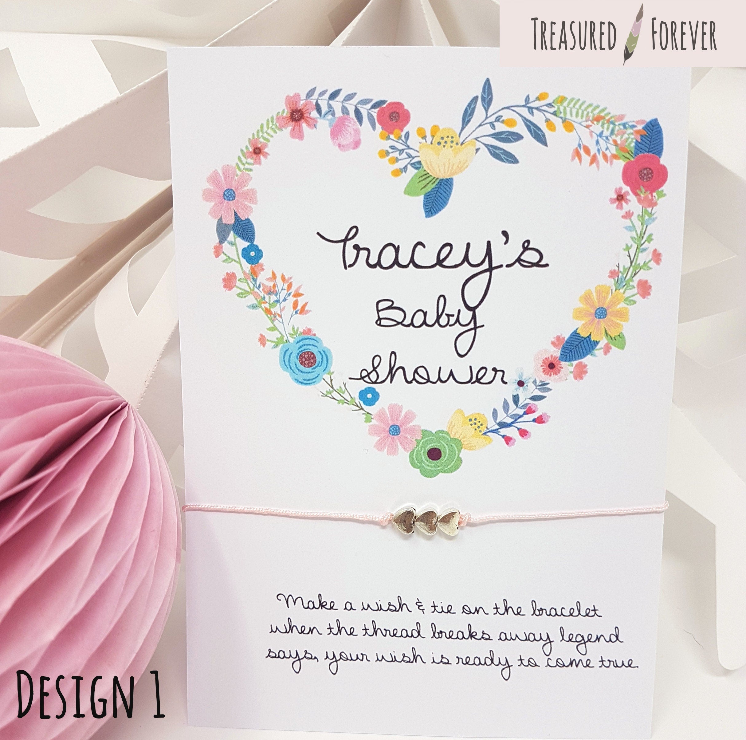 Wishing Bracelet Baby Shower Favour Floral Thank You Personalised Girl/Boy/Unisex