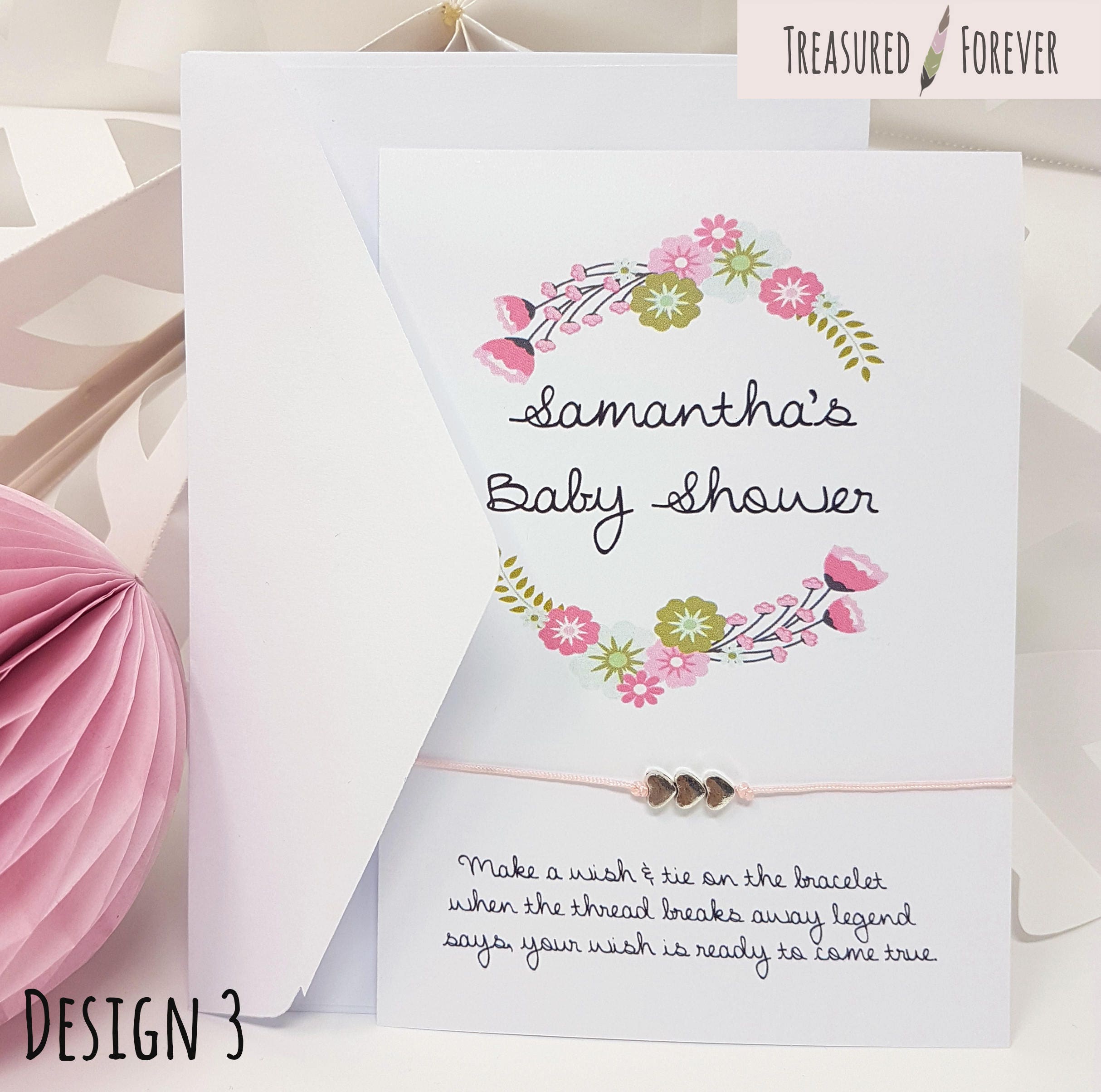 Wishing Bracelet Baby Shower Favour Floral Thank You Personalised Girl/Boy/Unisex