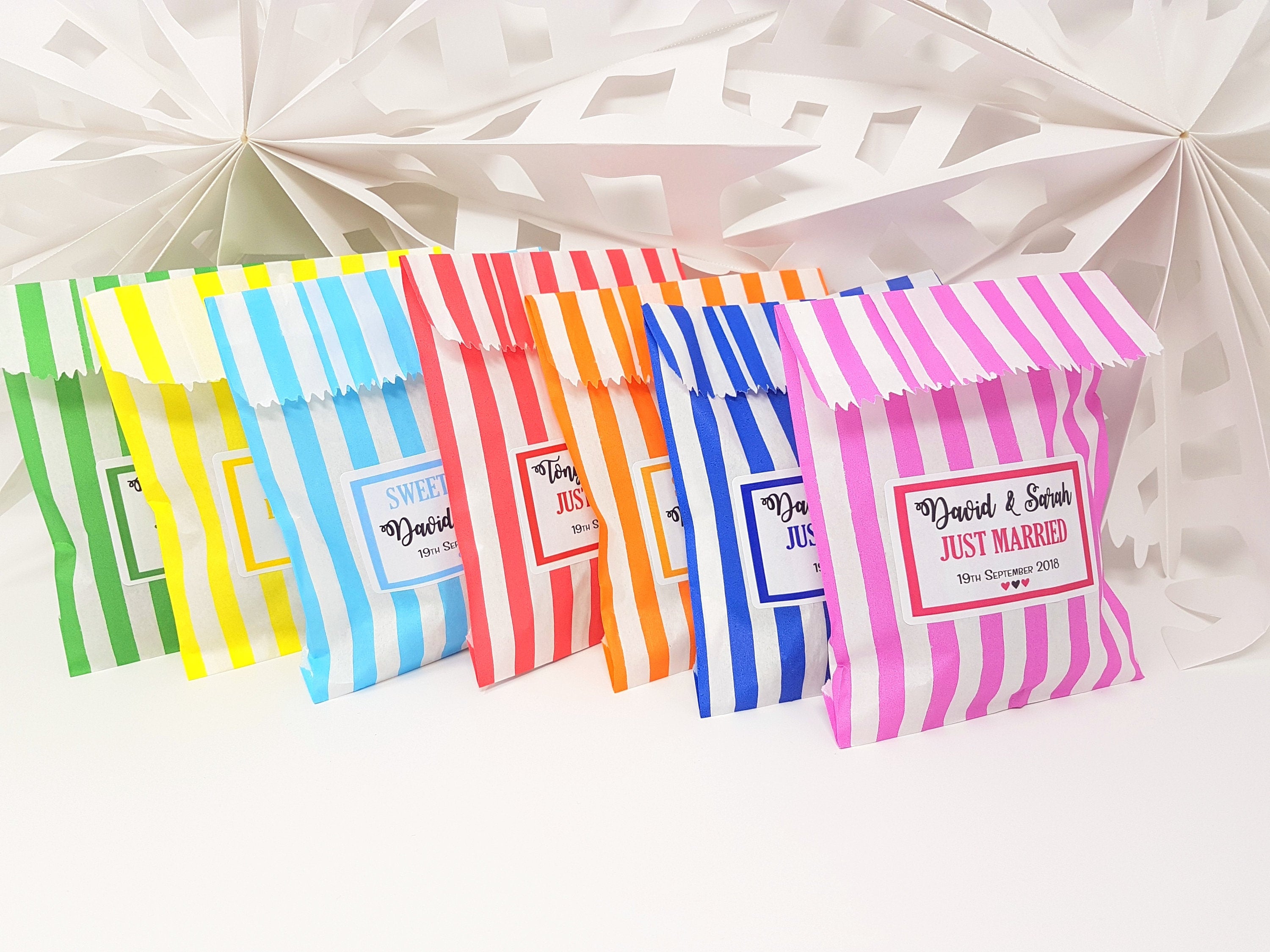 Personalised Wedding Favour Sweet Bags Sticker Birthday Candy Cart Striped Polka Dots