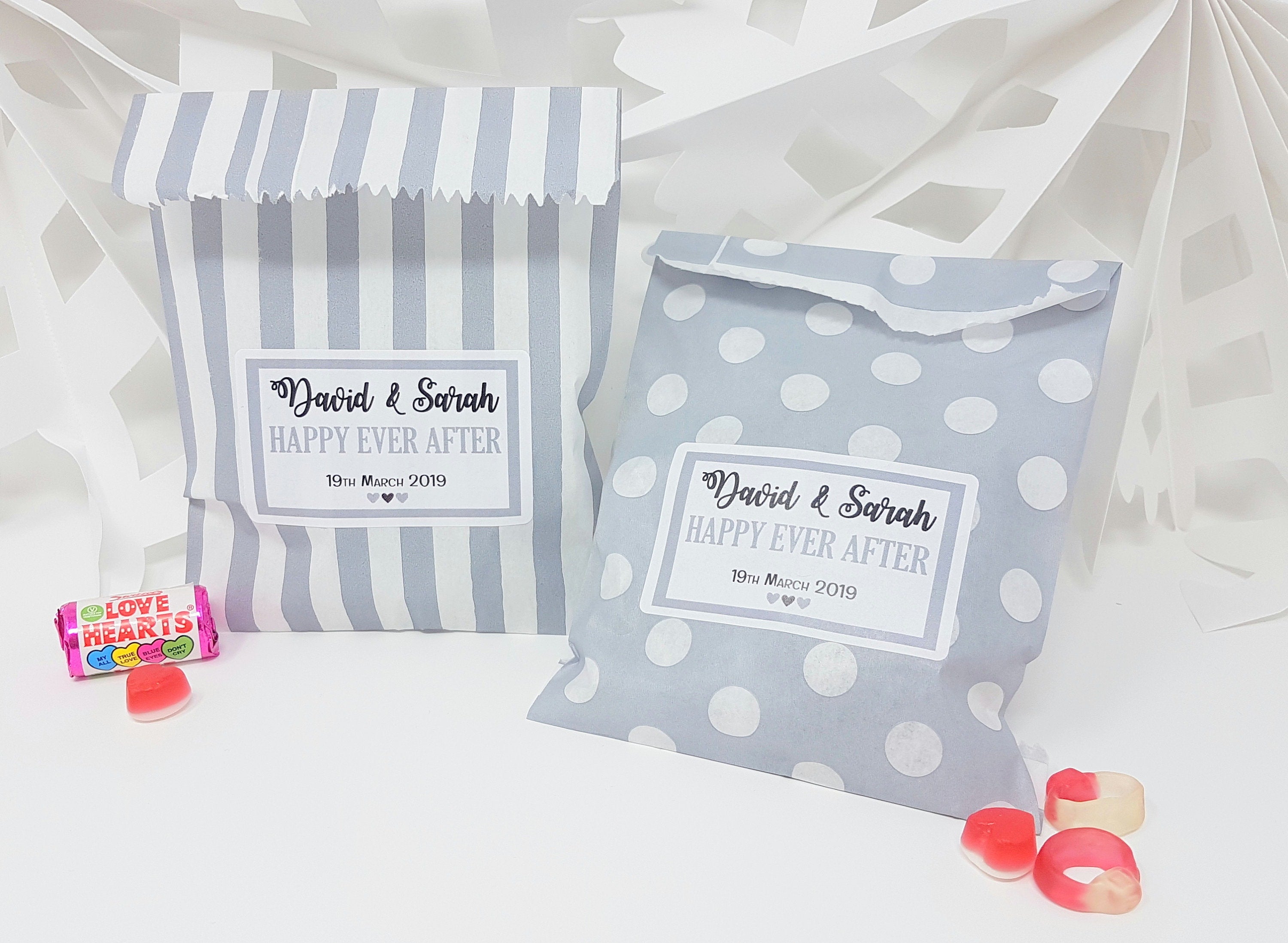 Personalised Wedding Favour Sweet Bags Sticker Birthday Candy Cart Striped Polka Dots