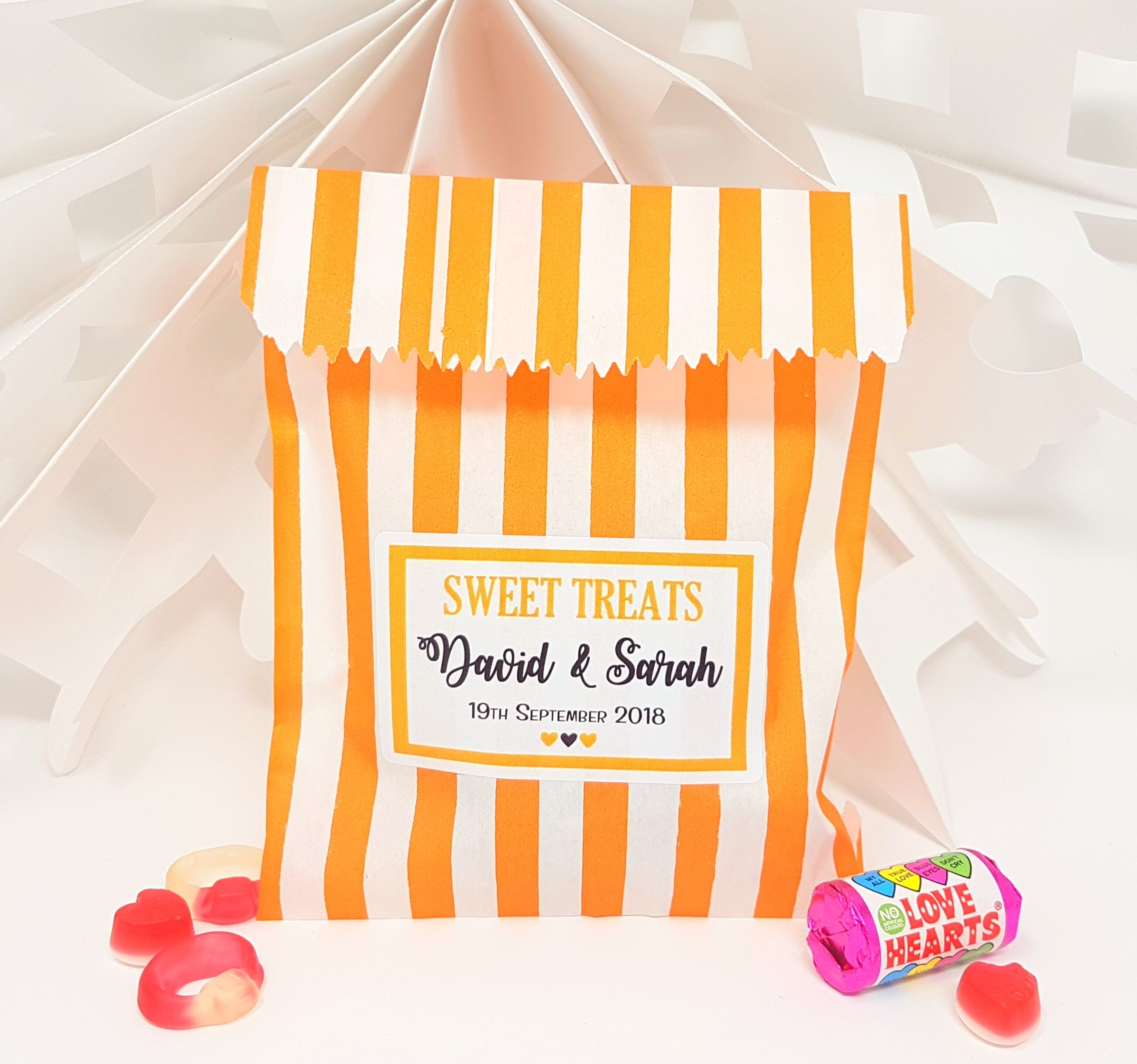 Personalised Wedding Favour Sweet Bags Sticker Birthday Candy Cart Striped Polka Dots