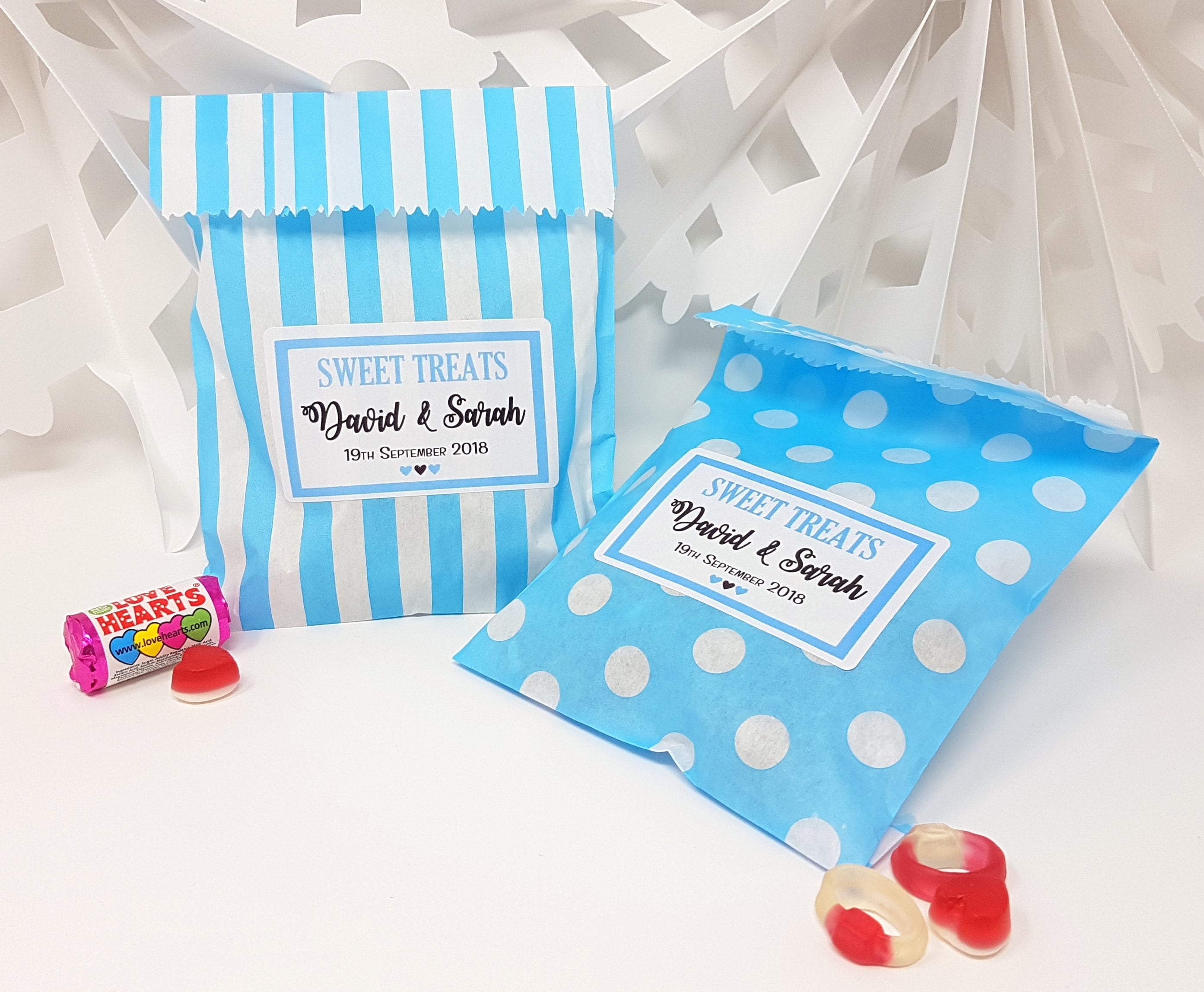 Personalised Wedding Favour Sweet Bags Sticker Birthday Candy Cart Striped Polka Dots