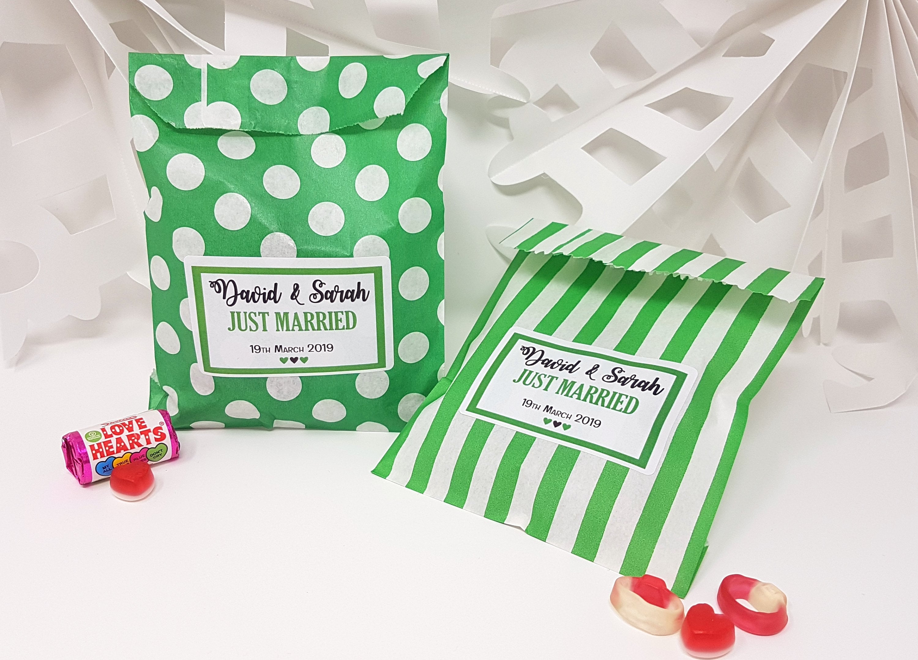 Personalised Wedding Favour Sweet Bags Sticker Birthday Candy Cart Striped Polka Dots