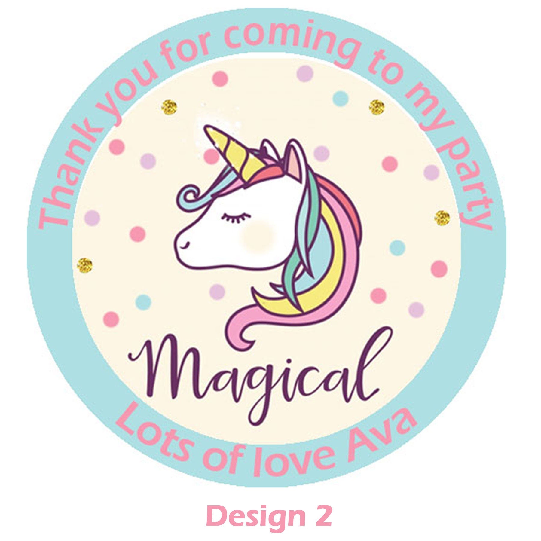 Personalised Unicorn Birthday Stickers For Party Thank You Sweet Cone Bags 4.5cm - with or without cones