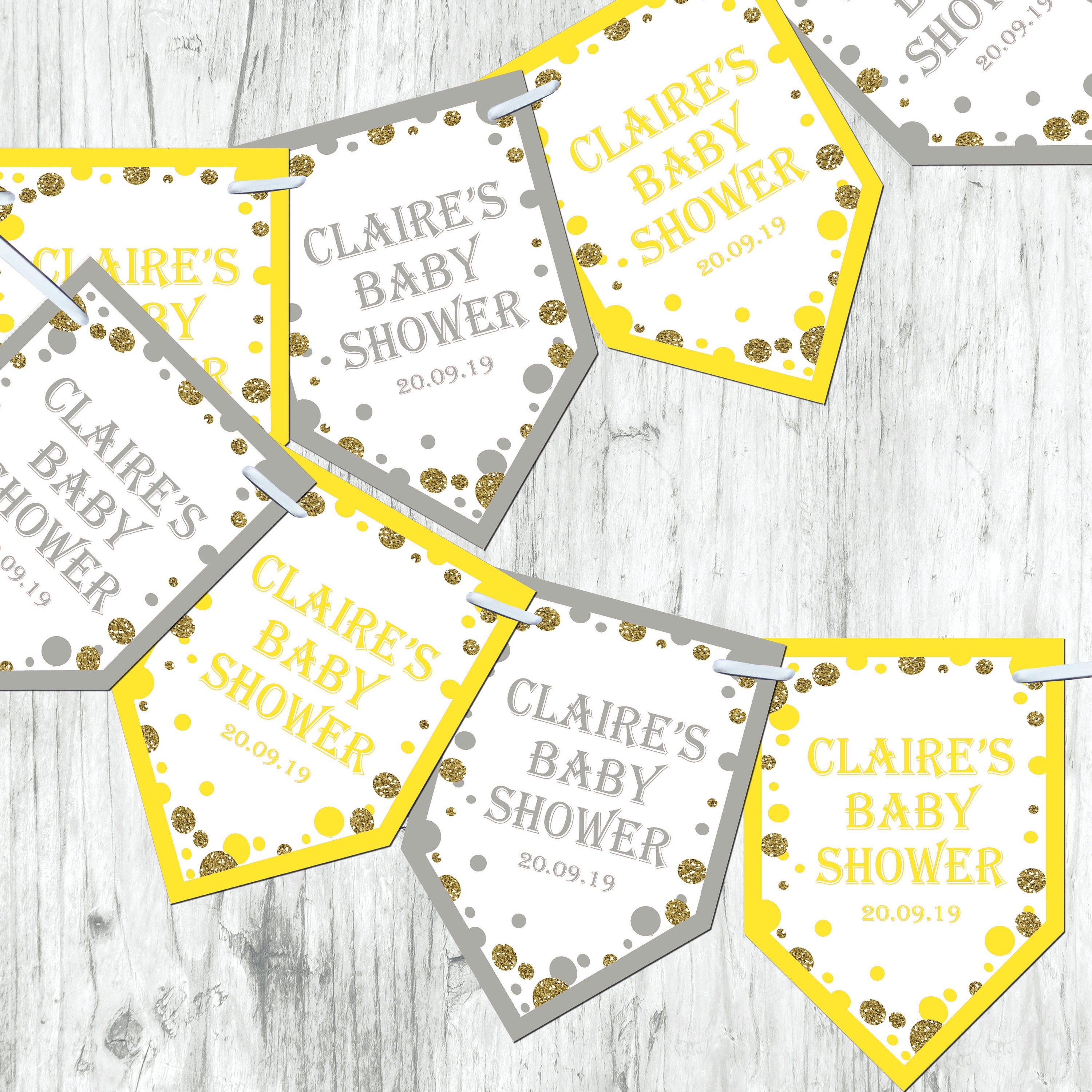 Personalised Blue Baby Shower Bunting  Banner Decoration Chevron Flags Glitter Effect