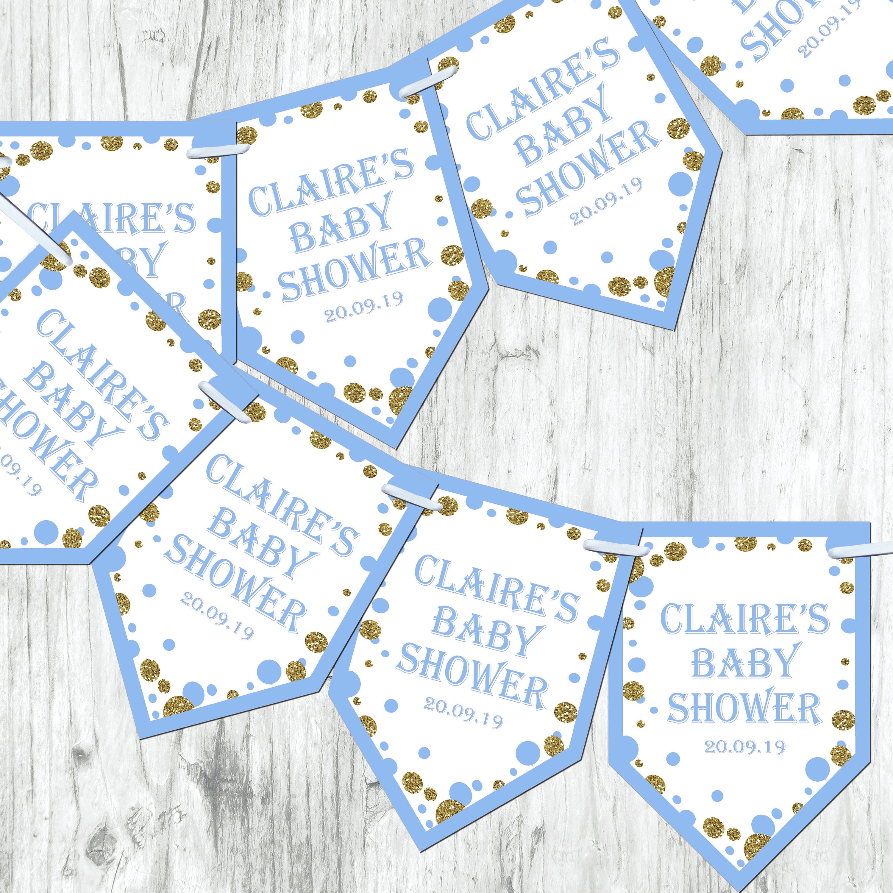 Personalised Blue Baby Shower Bunting  Banner Decoration Chevron Flags Glitter Effect