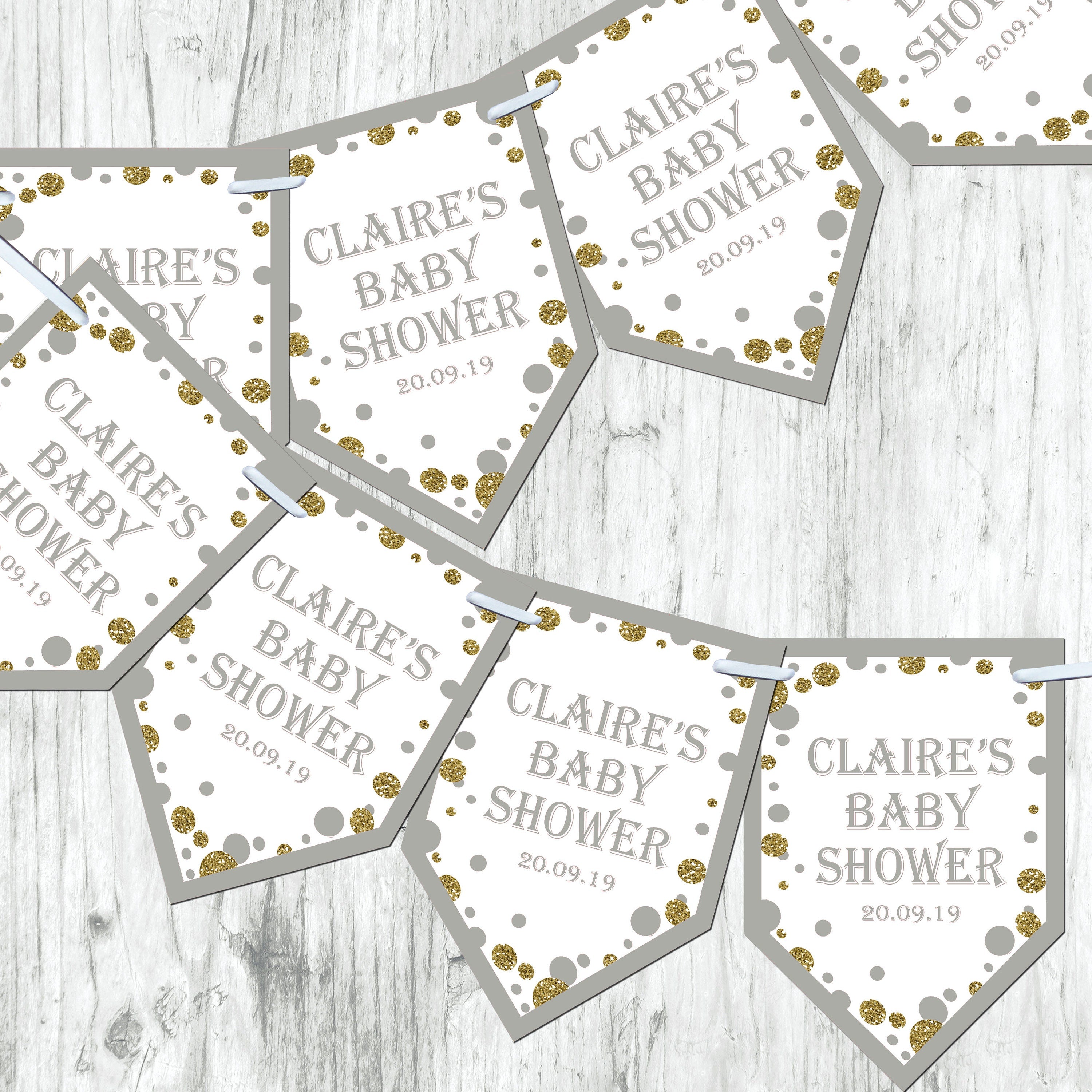 Personalised Blue Baby Shower Bunting  Banner Decoration Chevron Flags Glitter Effect