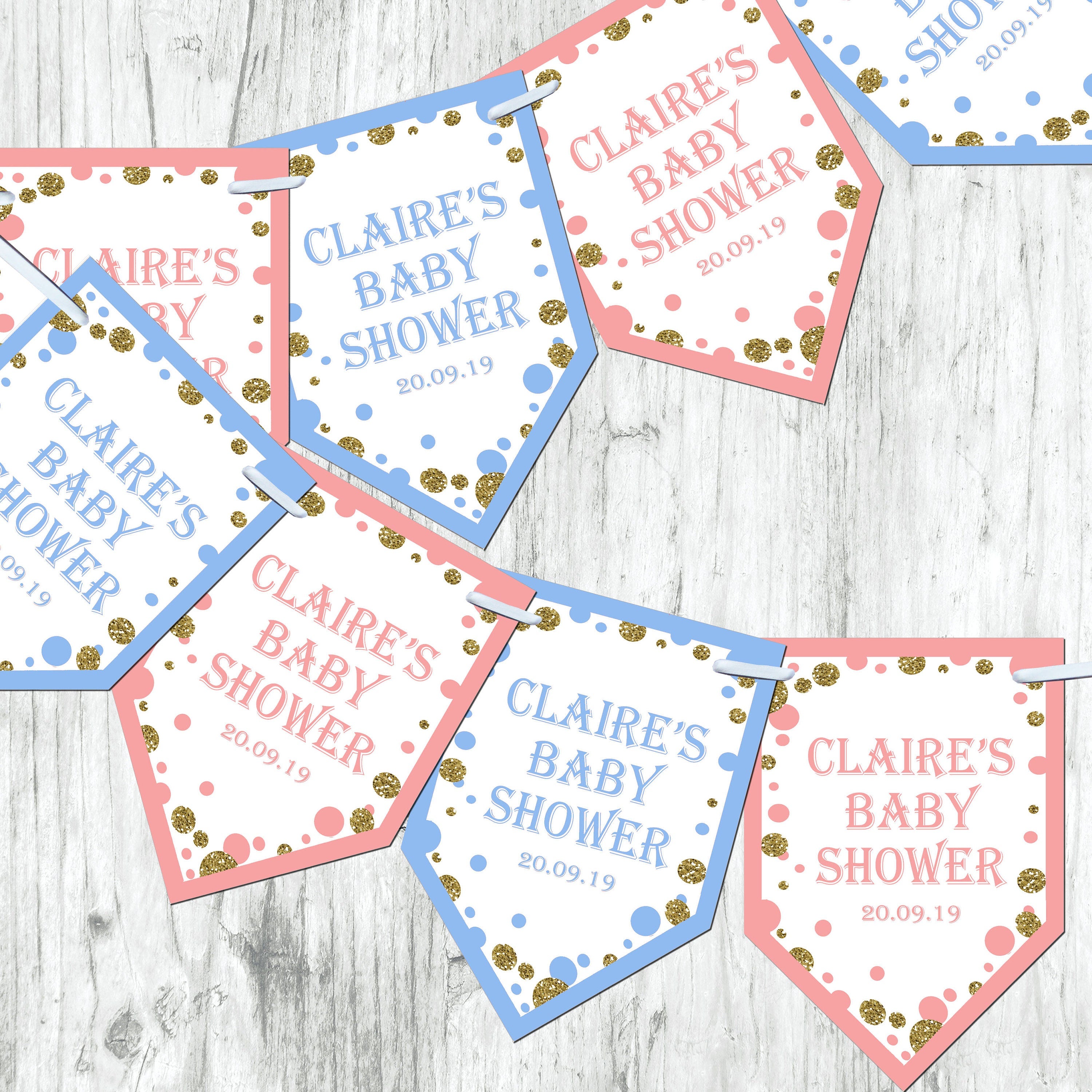 Personalised Blue Baby Shower Bunting  Banner Decoration Chevron Flags Glitter Effect