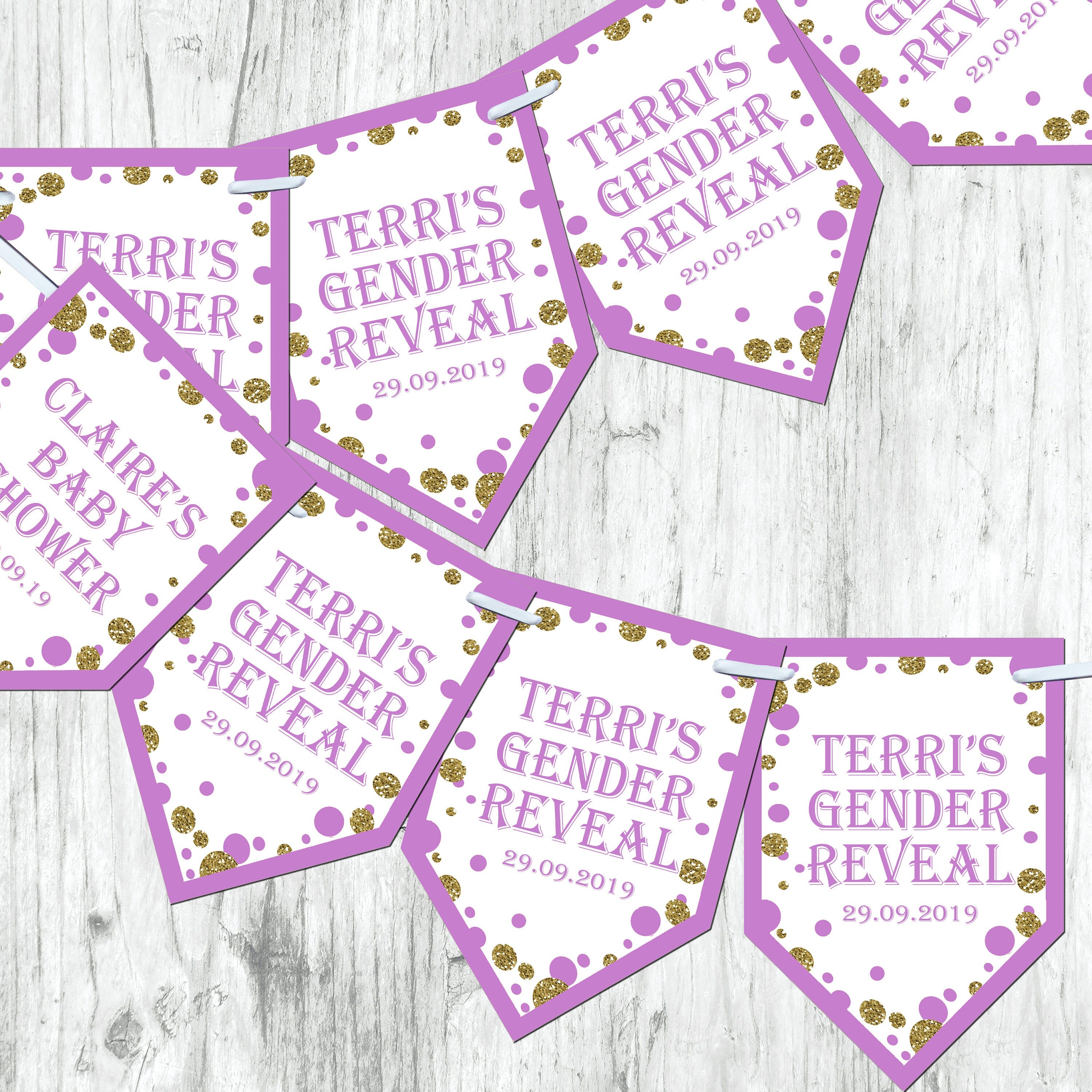 Personalised Gender Reveal Baby Shower Bunting  Banner Decoration Chevron Flags Glitter Effect