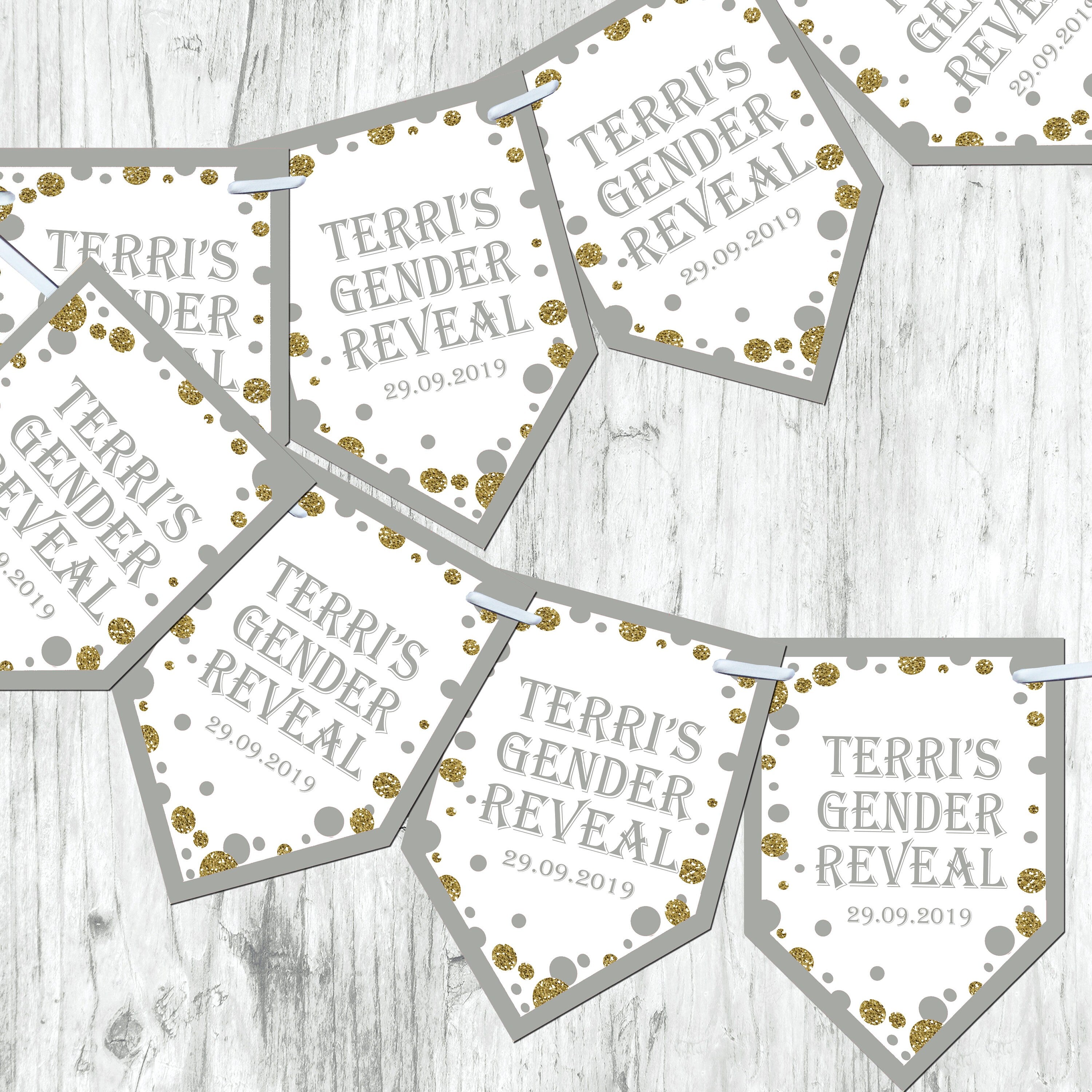 Personalised Gender Reveal Baby Shower Bunting  Banner Decoration Chevron Flags Glitter Effect