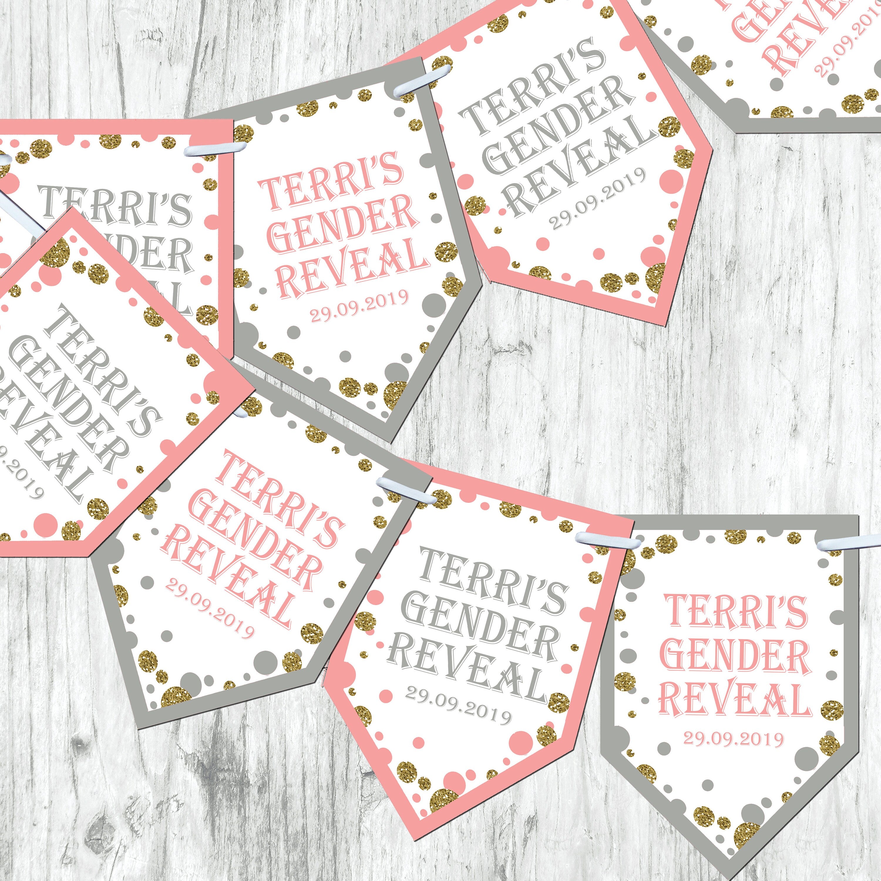 Personalised Gender Reveal Baby Shower Bunting  Banner Decoration Chevron Flags Glitter Effect