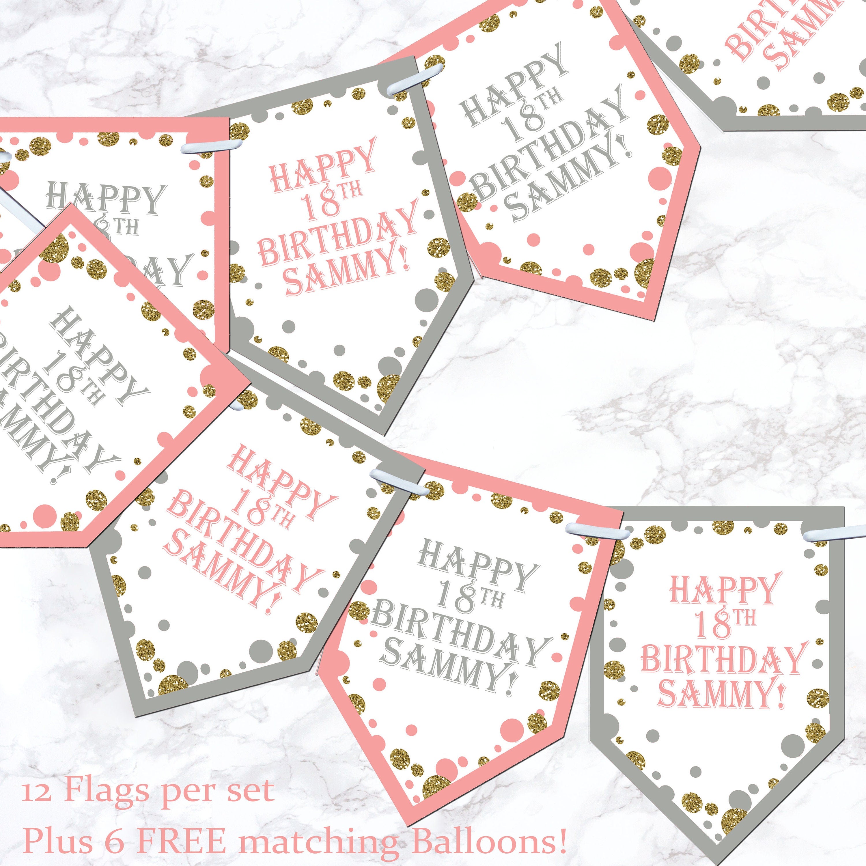 Personalised Glitter Birthday Bunting Banner Girl Boy Party + 6 Free Balloons