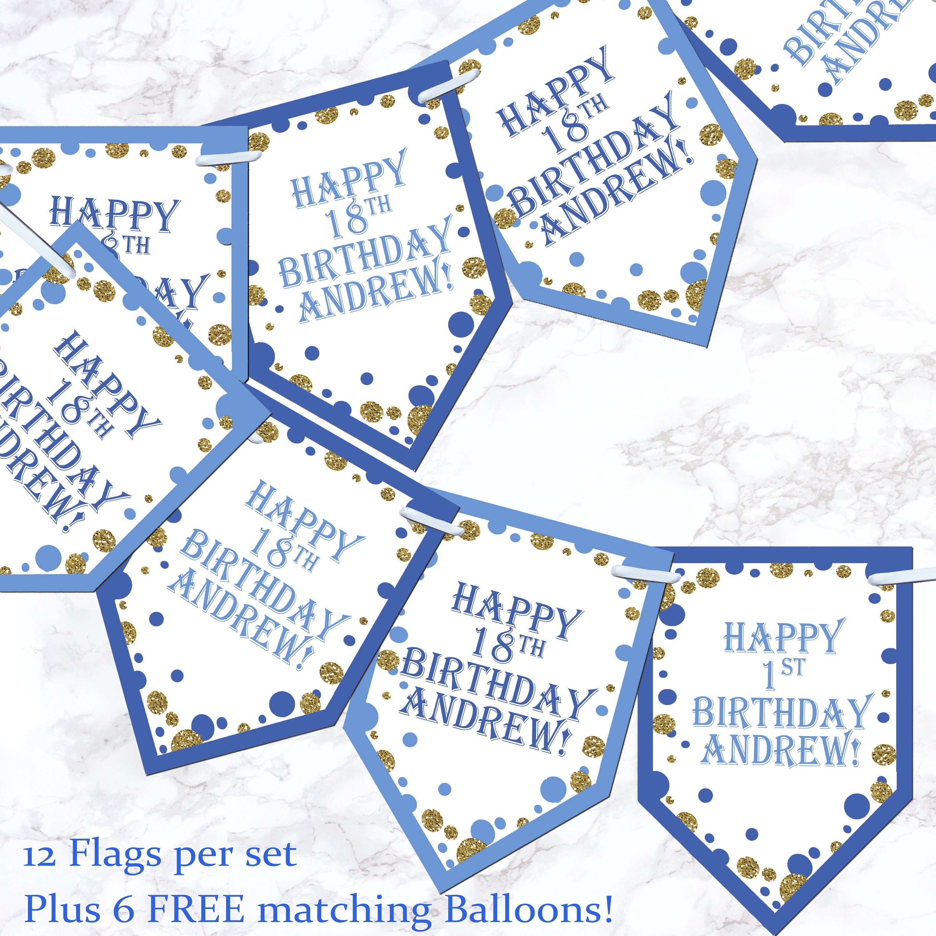 Personalised Glitter Birthday Bunting Banner Girl Boy Party + 6 Free Balloons